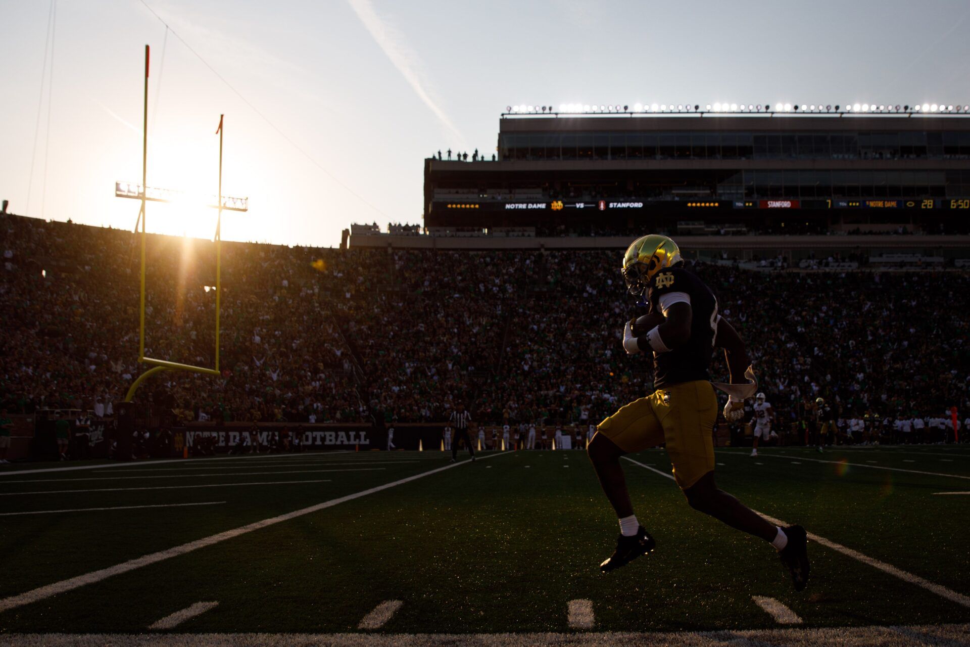 Notre Dame running back Jeremiyah Love runs into the end zone for a touchdown during a NCAA college football game between Notre Dame and Stanford at Notre Dame Stadium on Saturday, Oct. 12, 2024, in South Bend.