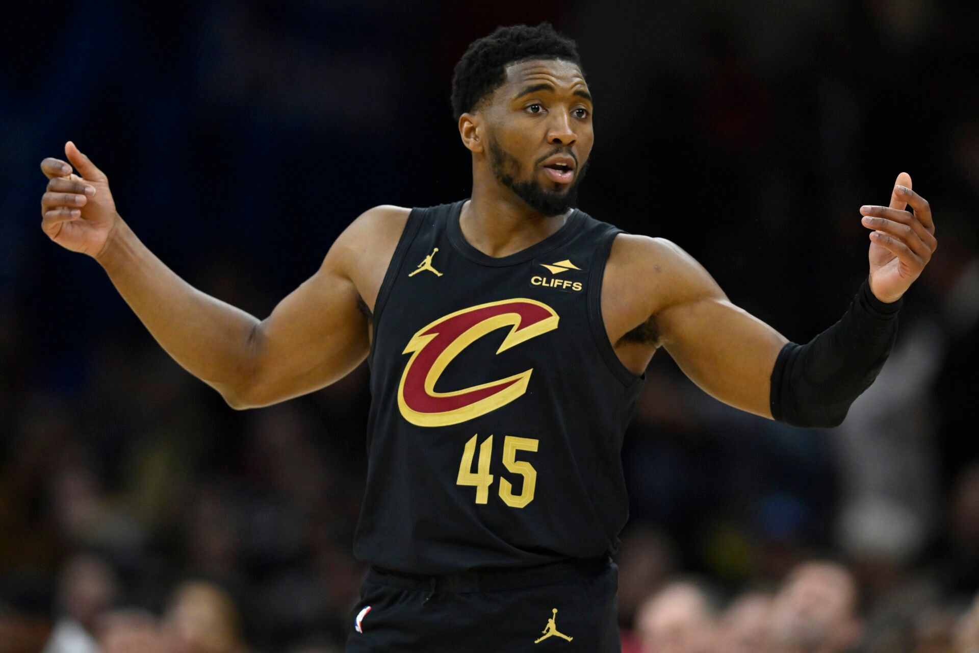 Cleveland Cavaliers guard Donovan Mitchell (45) stands on the court in the third quarter against the Washington Wizards at Rocket Arena.
