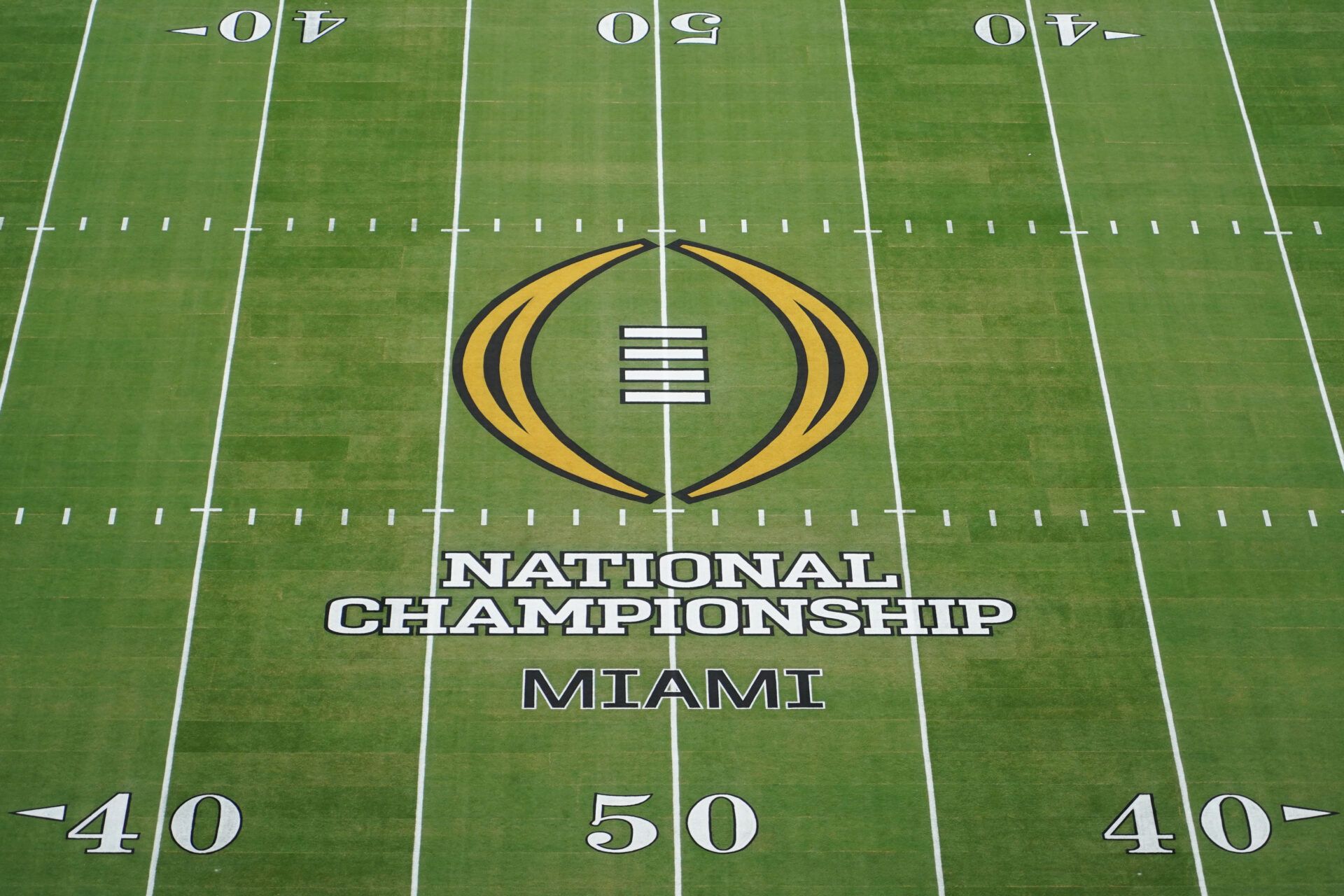 A general view of the center field logo before the CFP National Championship college football game between the Indiana Hoosiers and the Miami Hurricanes at Hard Rock Stadium.