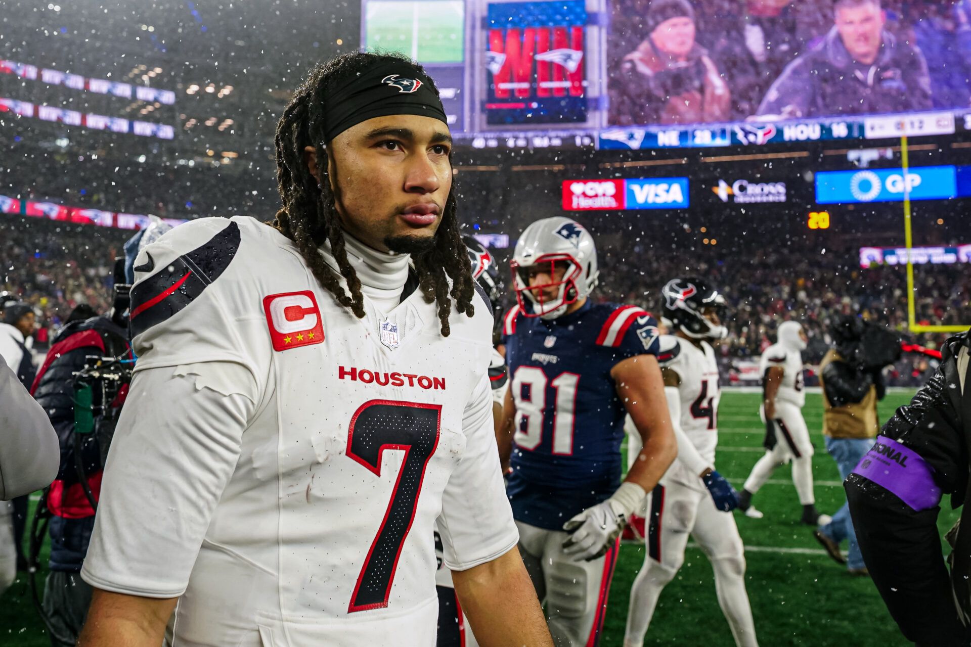 Houston Texans quarterback C.J. Stroud (7) after the game against the New England Patriots in an AFC Divisional Round game at Gillette Stadium.