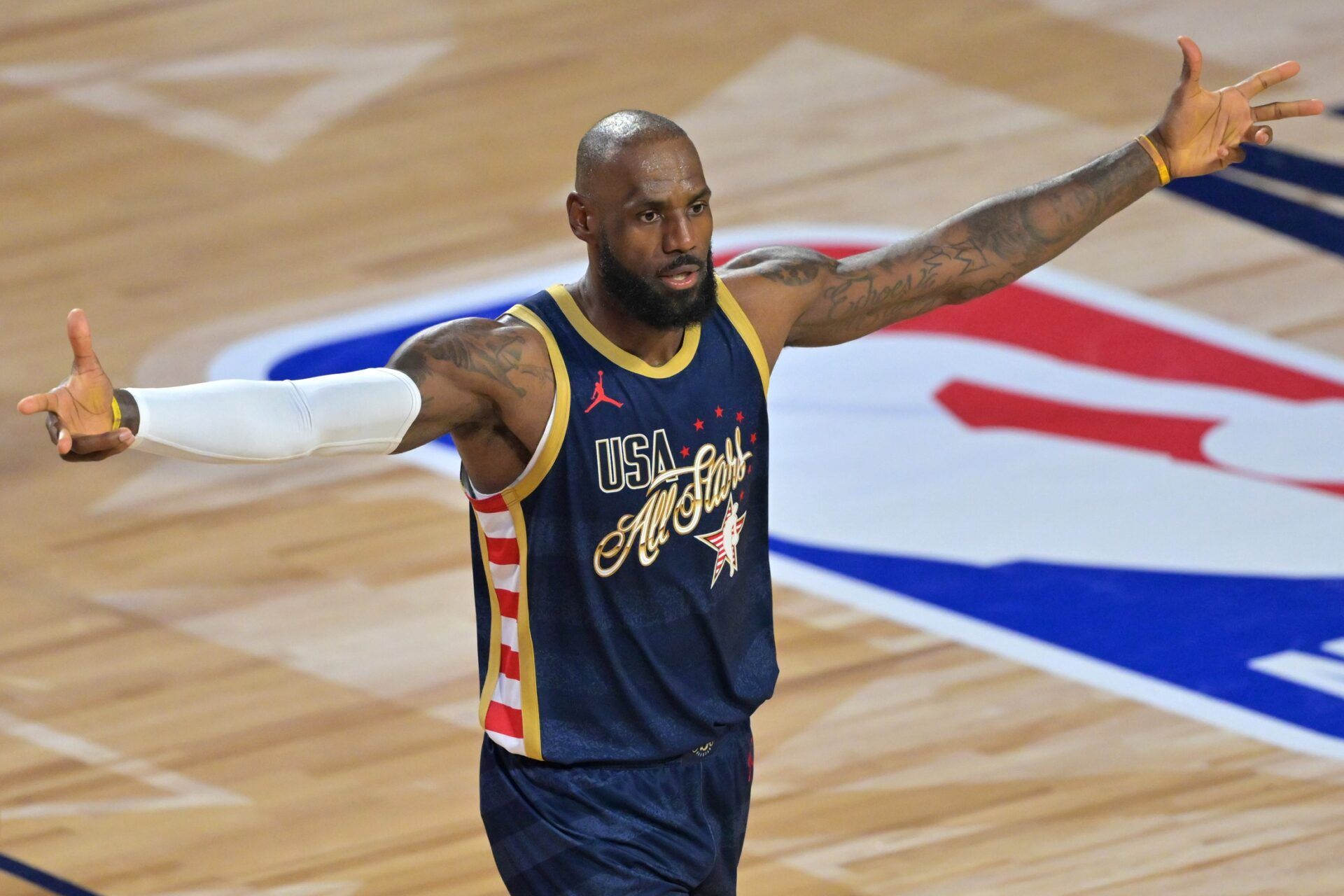 Team USA Stripes forward LeBron James (23) of the Los Angeles Lakers celebrates after game two during the 75th NBA All Star Game at Intuit Dome.
