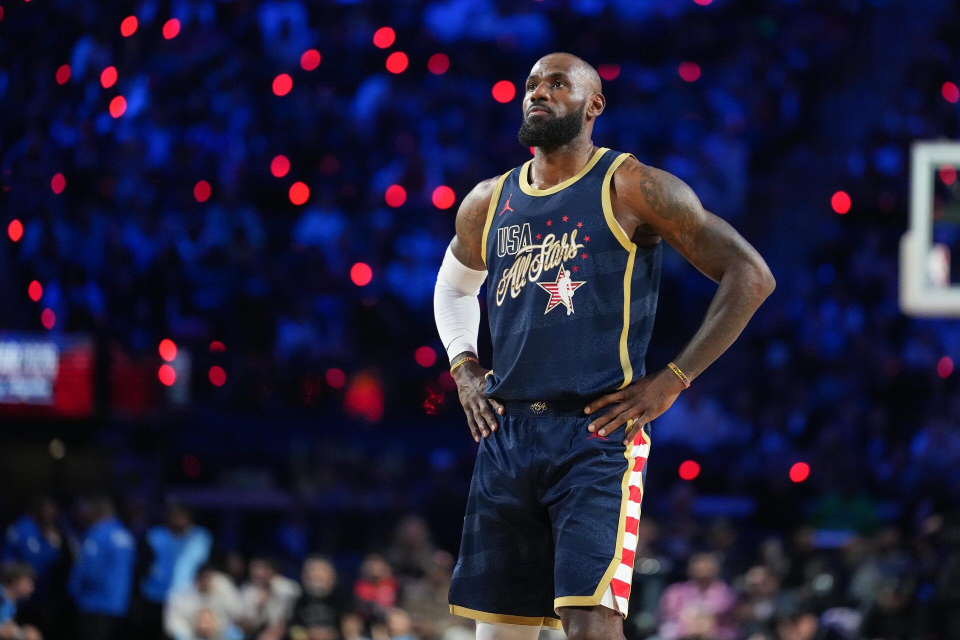 Team USA Stripes forward LeBron James (23) of the Los Angeles Lakers looks on in game two against Team Starsduring the 75th NBA All Star Game at Intuit Dome.
