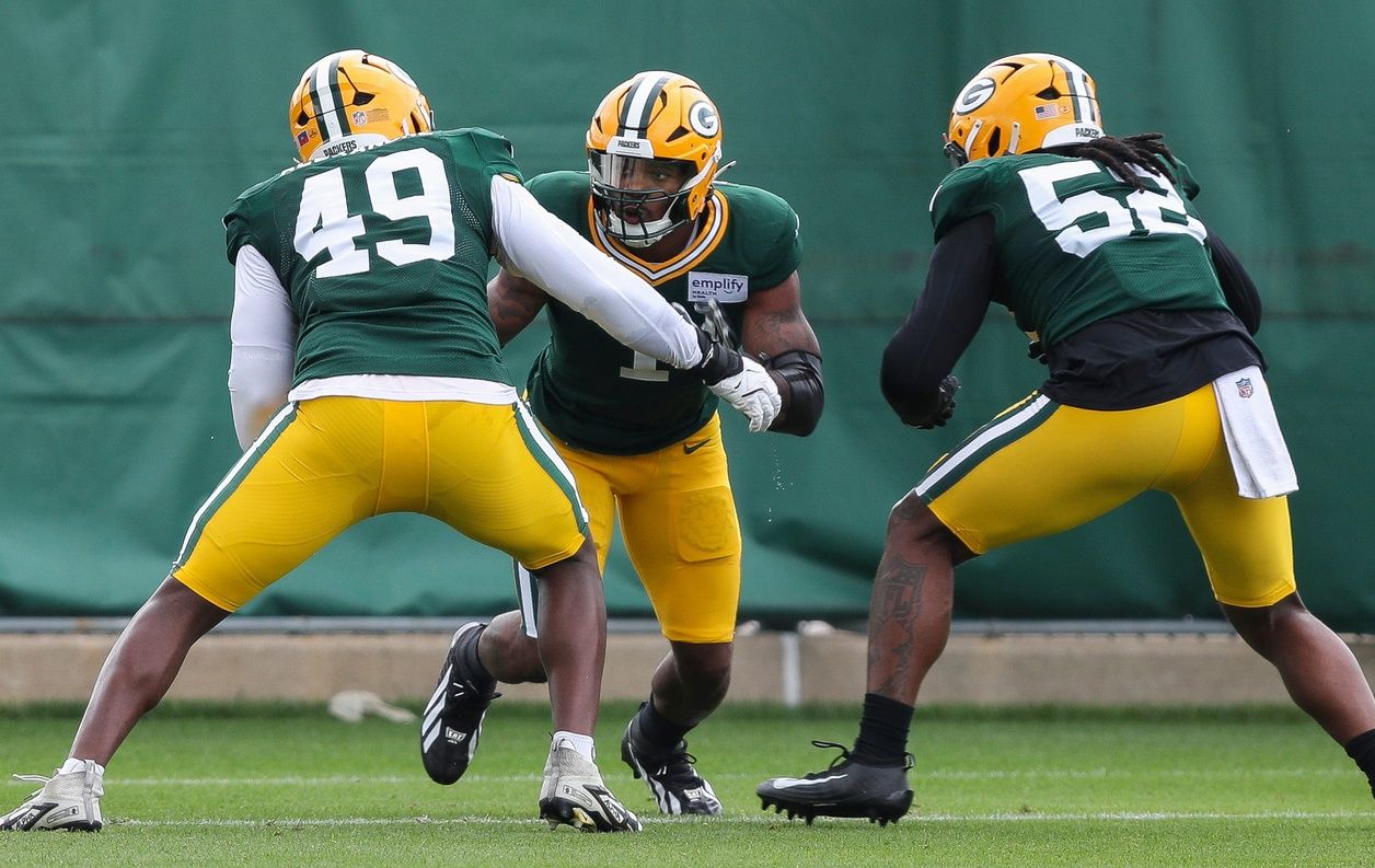 Green Bay Packers defensive linemen Deslin Alexandre (49), Micah Parsons (1) and Rashan Gary (52) run through a drill during practice on Wednesday, September 3, 2025, at Clarke Hinkle Field in Ashwaubenon, Wis. 
Tork Mason/USA TODAY NETWORK-Wisconsin