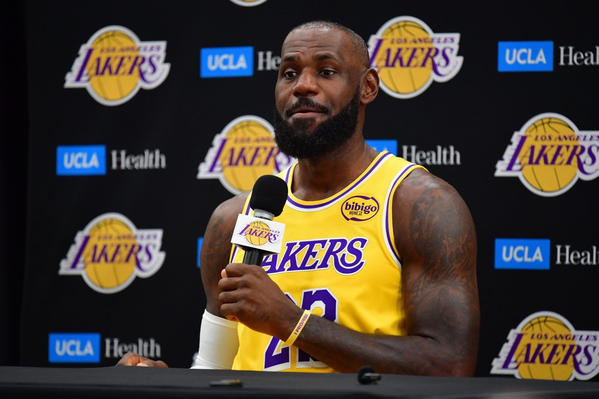 Los Angeles Lakers forward LeBron James (23) during media day at UCLA Health Training Center.
