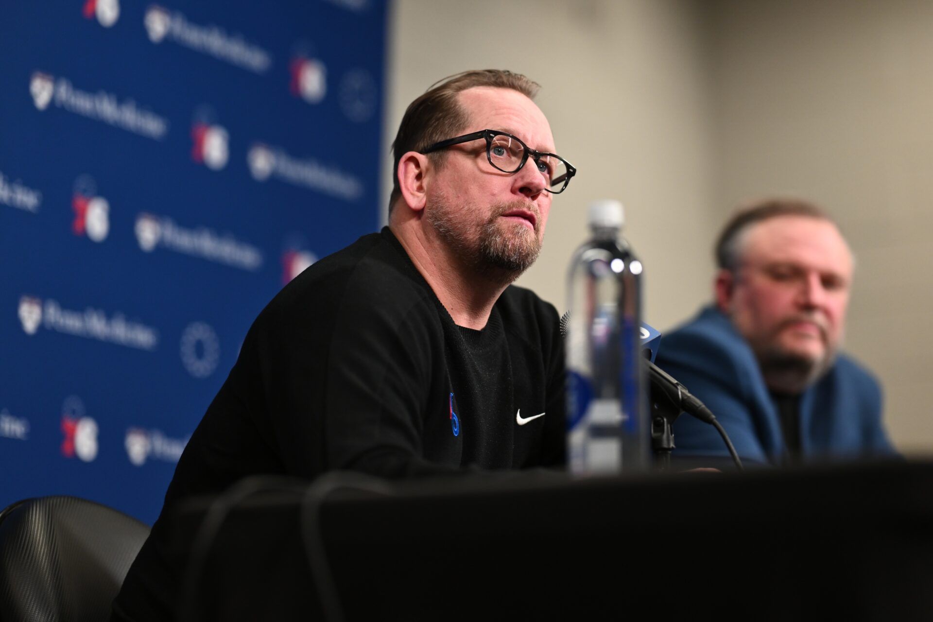 Philadelphia 76ers head coach Nick Nurse addresses the media with president of basketball operations Daryl Morey after the game against the Chicago Bulls at Wells Fargo Center.