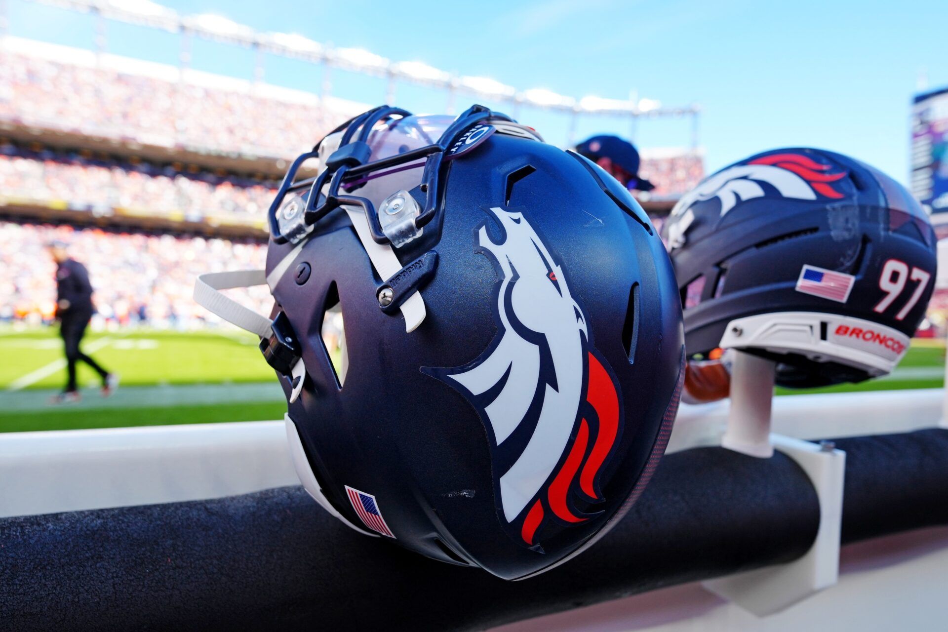 A general view of the Denver Broncos helmets during the game agains the New York Giants at Empower Field at Mile High.