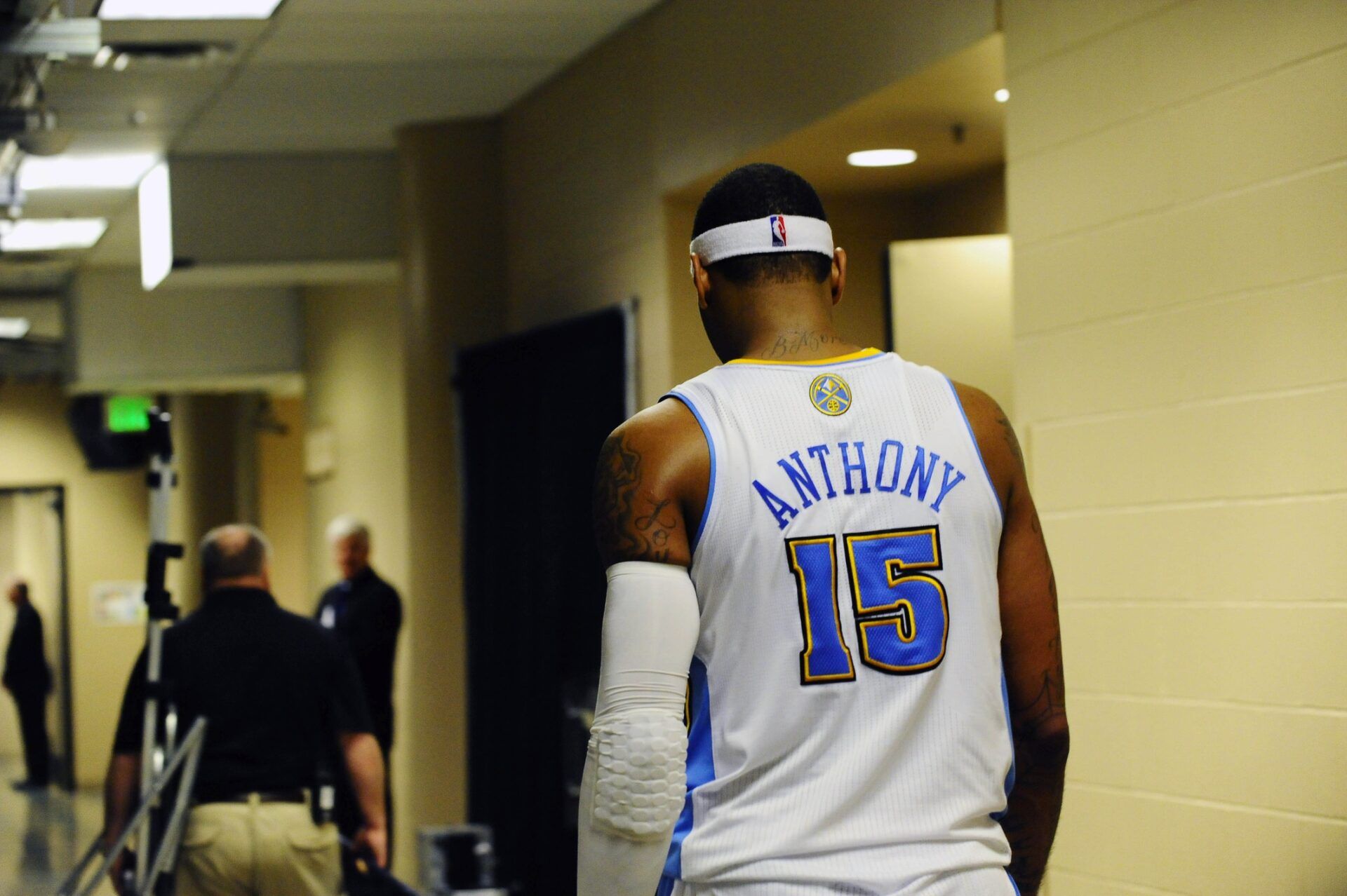 Denver Nuggets small forward Carmelo Anthony (15) walks in the tunnel of the Pepsi Center on his way back to the locker room after the Nugget lost to the Utah Jazz 113-106.
