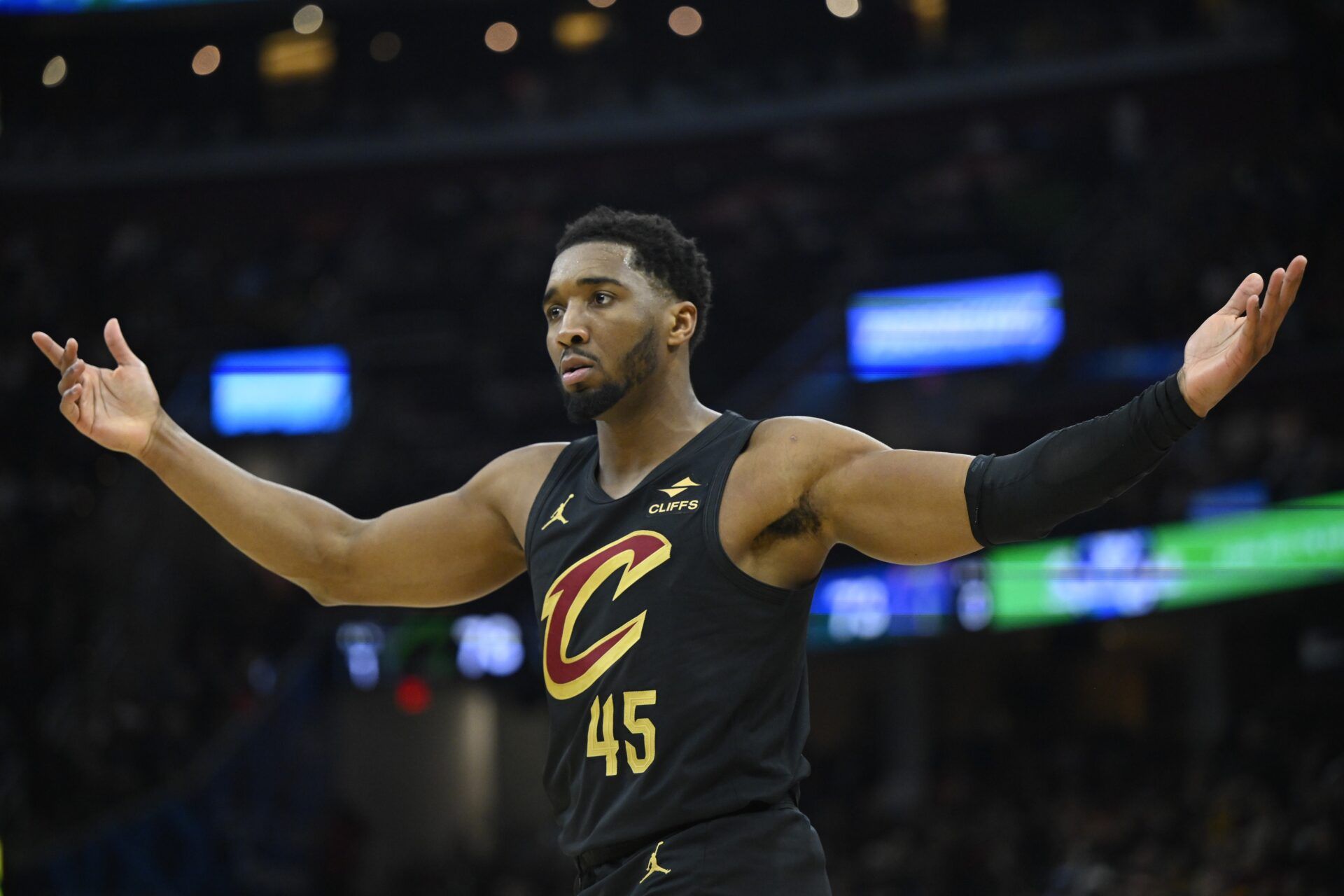Cleveland Cavaliers guard Donovan Mitchell (45) reacts in the third quarter against the Washington Wizards at Rocket Arena.