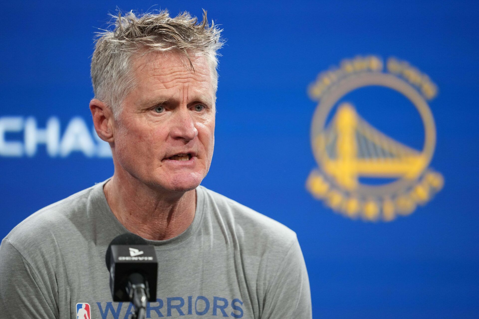 Golden State Warriors head coach Steve Kerr talks to media members before the game against the Oklahoma City Thunder at Chase Center.