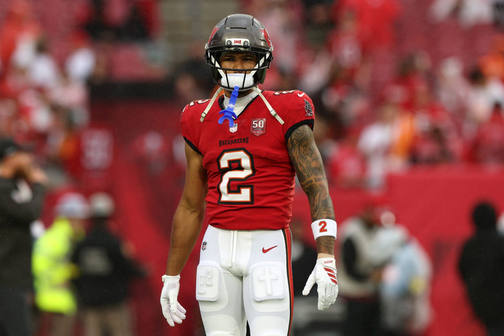 Tampa Bay Buccaneers wide receiver Emeka Egbuka (2) warms up before the game against the Carolina Panthers at Raymond James Stadium.
