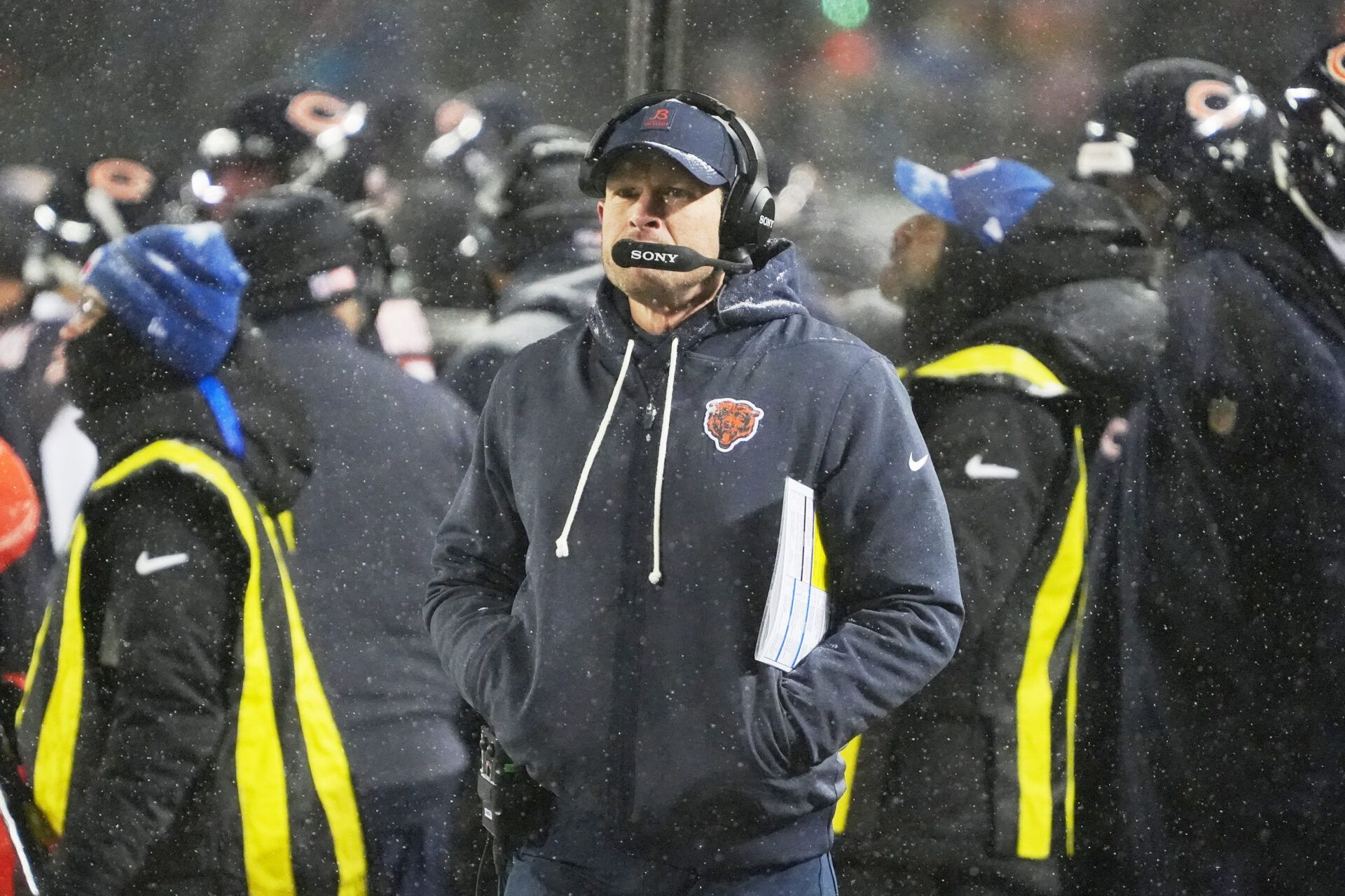 Chicago Bears head coach Ben Johnson watches game play against the Los Angeles Rams during the second quarter of an NFC Divisional Round game at Soldier Field.