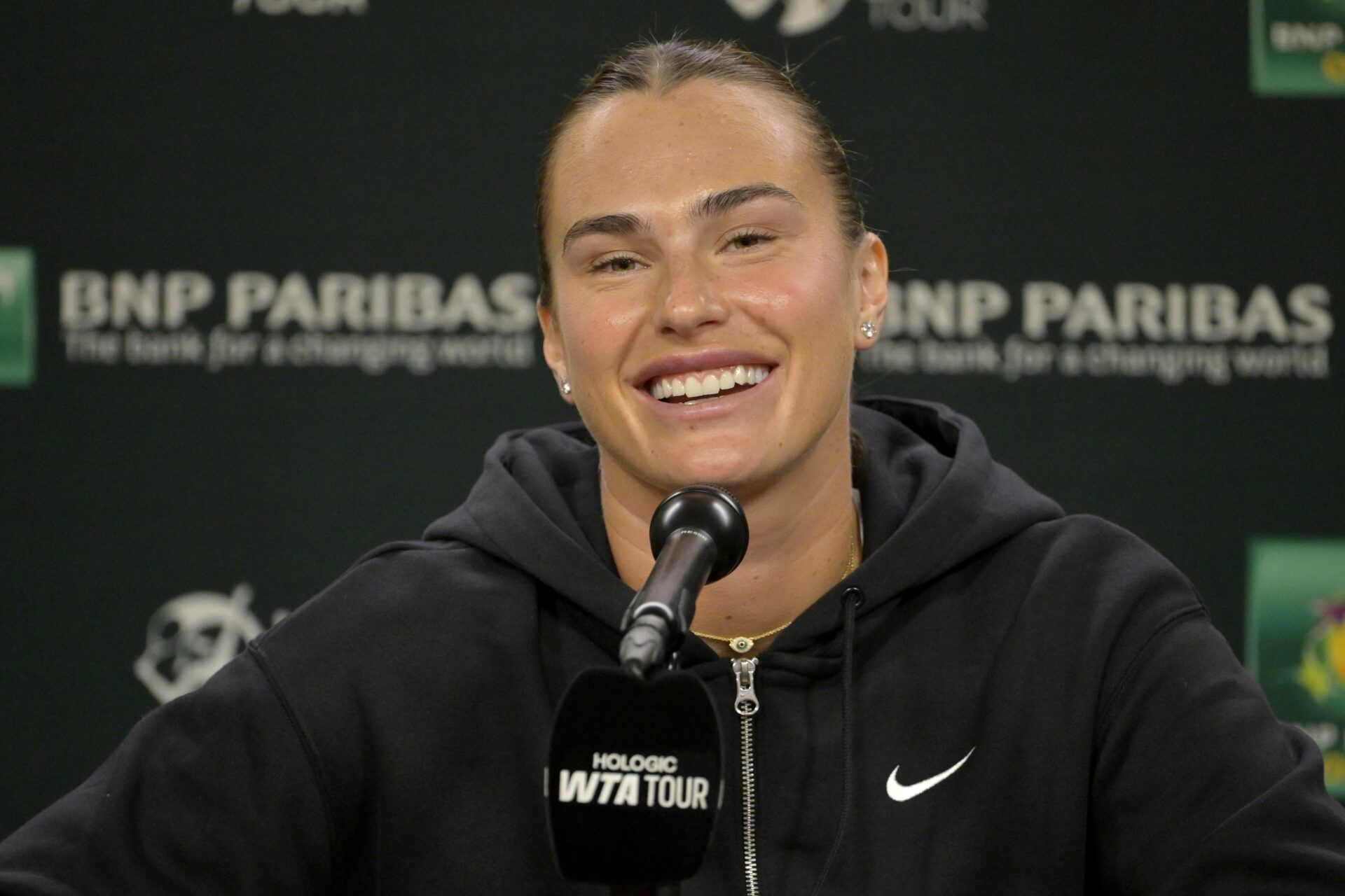 Aryna Sabalenka (BEL) talks to media during a news conference during the BNP Paribas Open at the Indian Well Tennis Garden.