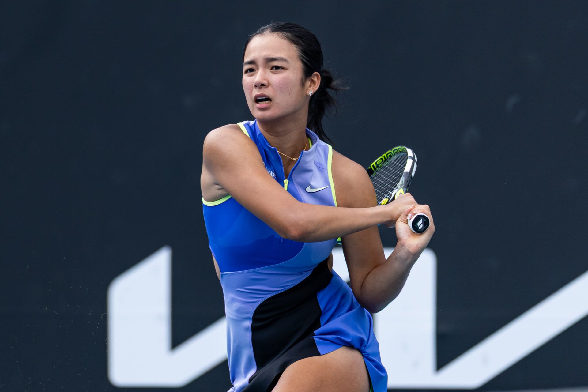 Alexandra Eala of Philippines in action against Alycia Parks of United States in the first round of the women’s singles at the Australian Open at Melbourne Park.