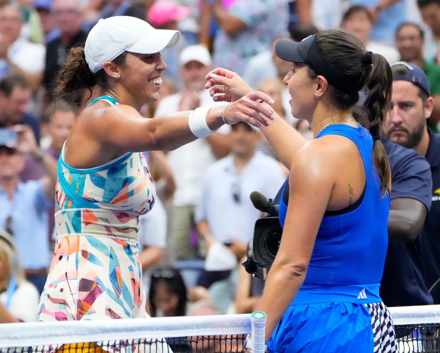 Madison Keys of the USA (left) after beating Jessica Pegula of the USA on day eight of the 2023 U.S. Open tennis tournament at USTA Billie Jean King National Tennis Center.