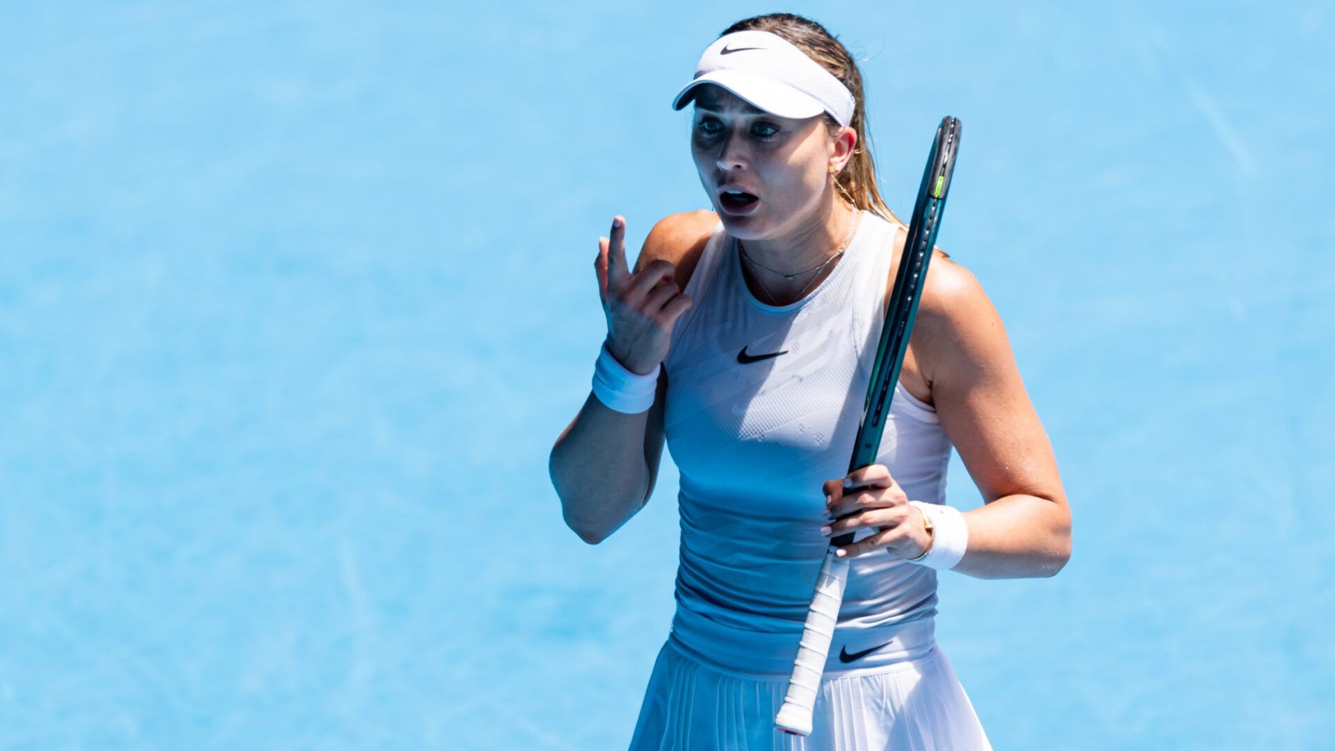 Paula Badosa of Spain gestures during her match against Coco Gauff of United States of America in the quarterfinals of the women's singles at the 2025 Australian Open at Melbourne Park.