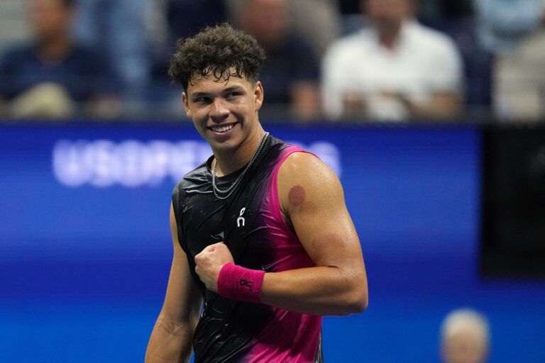 Ben Shelton of the United States reacts after winning the third set in a match against Frances Tiafoe of the United States on day nine of the 2023 U.S. Open tennis tournament at USTA Billie Jean King National Tennis Center.