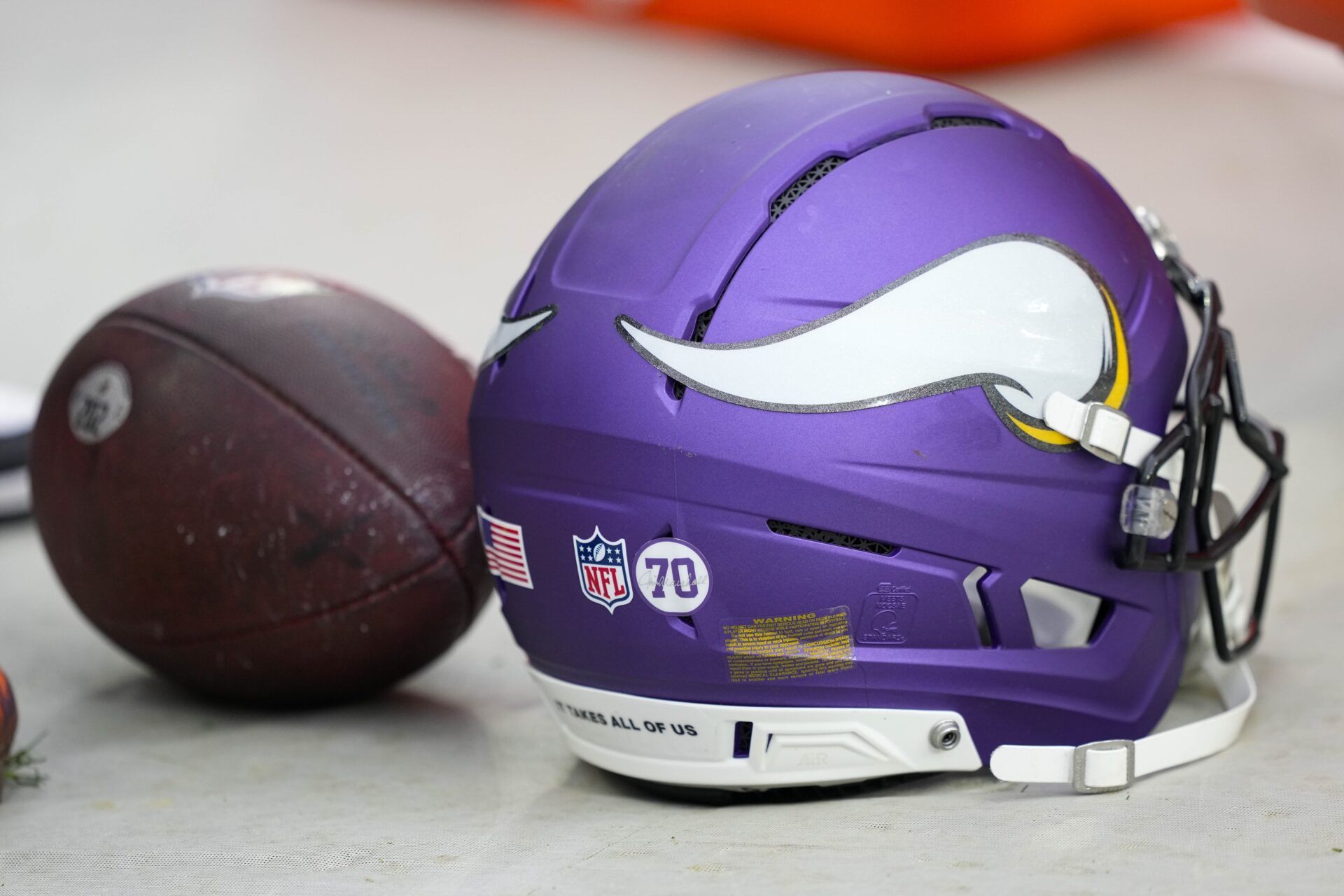 General view of an Minnesota Vikings helmet during the warmups prior to the game against the Green Bay Packers at Lambeau Field.