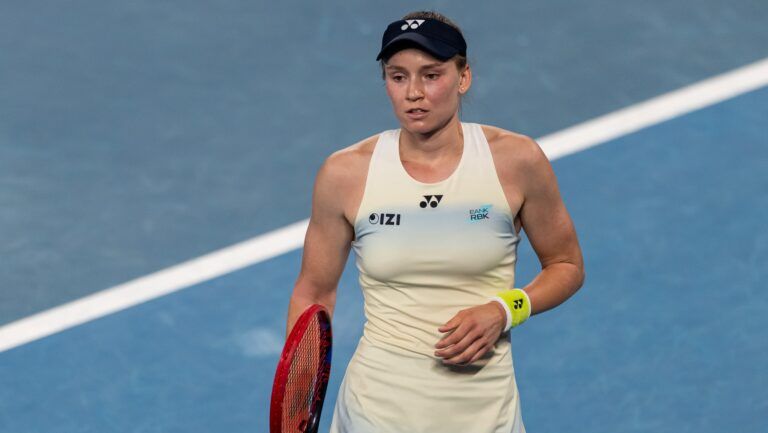 Elena Rybakina of Kazakhstan in action against Jessica Pegula of United States in the semifinals of the womens singles at the Australian Open at Rod Laver Arena in Melbourne Park.