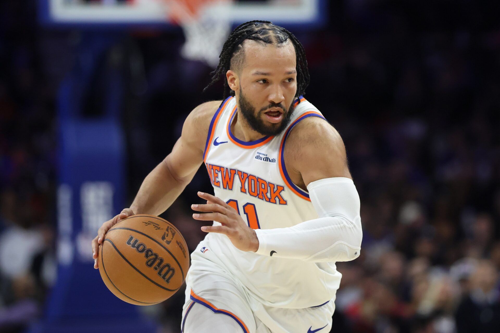 New York Knicks guard Jalen Brunson (11) drives against the Philadelphia 76ers during the first half at Xfinity Mobile Arena.