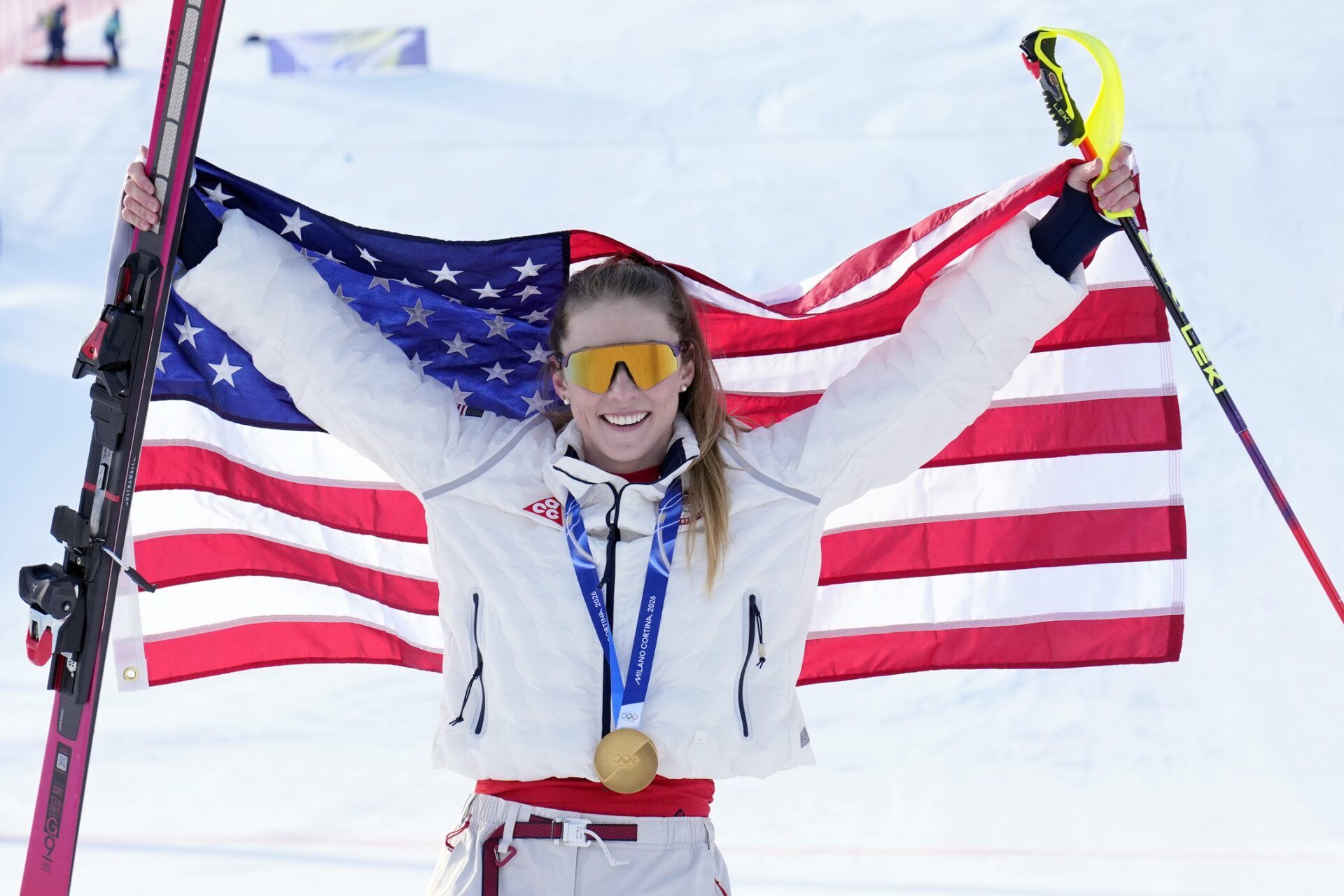 Gold medalist Mikaela Shiffrin of the United States celebrates during the medal ceremony for the women's slalom during the Milano Cortina 2026 Olympic Winter Games at Tofane Alpine Skiing Centre.