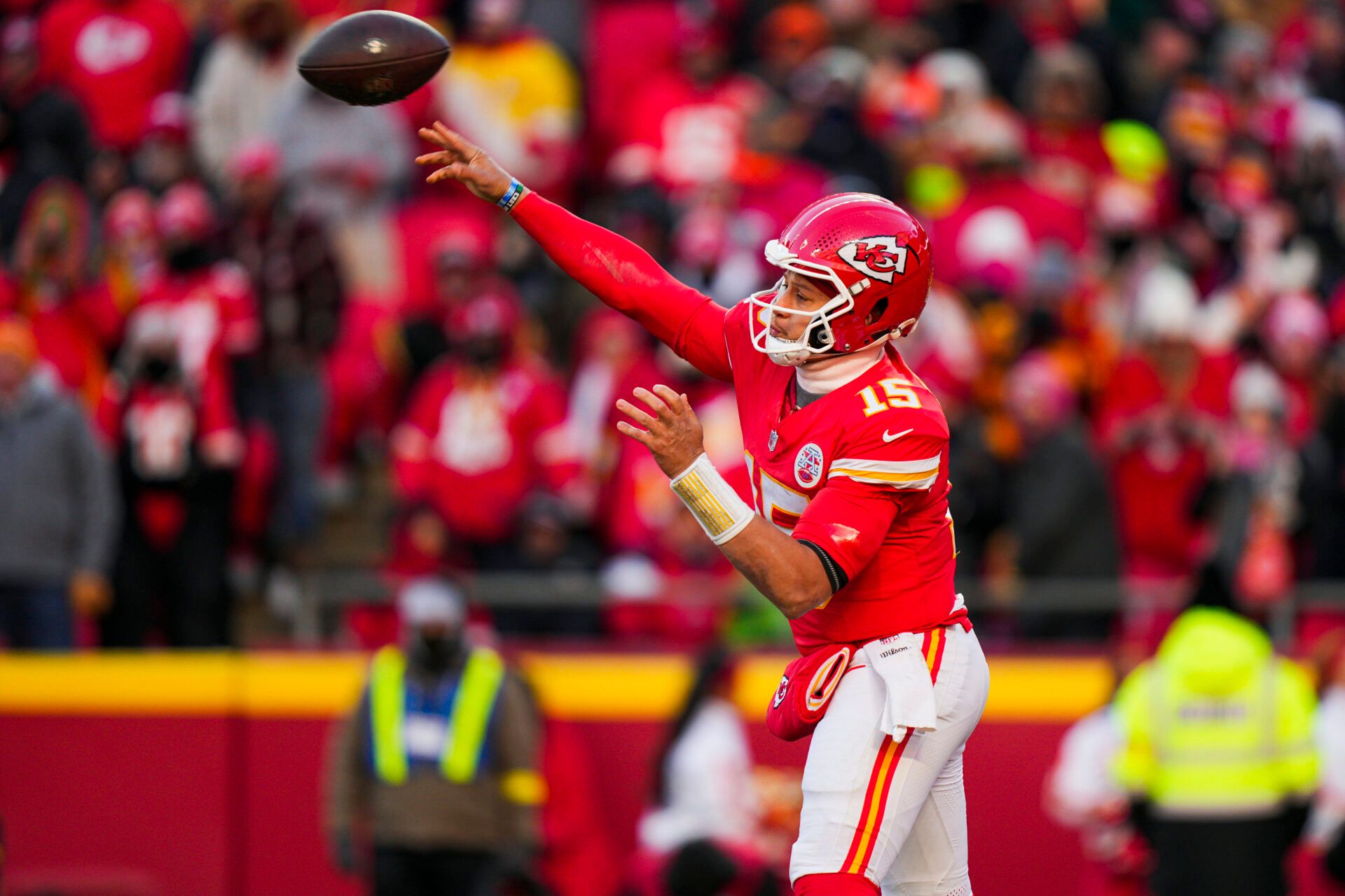Kansas City Chiefs quarterback Patrick Mahomes (15) passes against the Los Angeles Chargers during the fourth quarter at GEHA Field at Arrowhead Stadium.