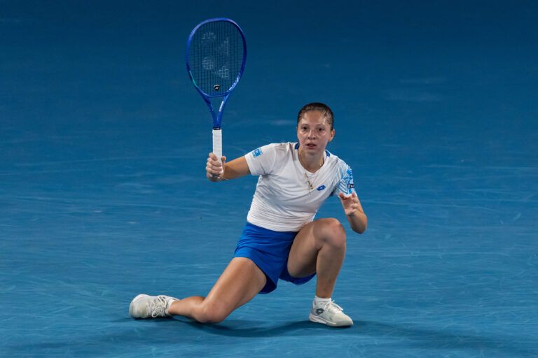 Antonia Ruzic of Croatia in action against Naomi Osaka of Japan in the first round of the womens singles at the Australian Open at Rod Laver Arena in Melbourne Park.