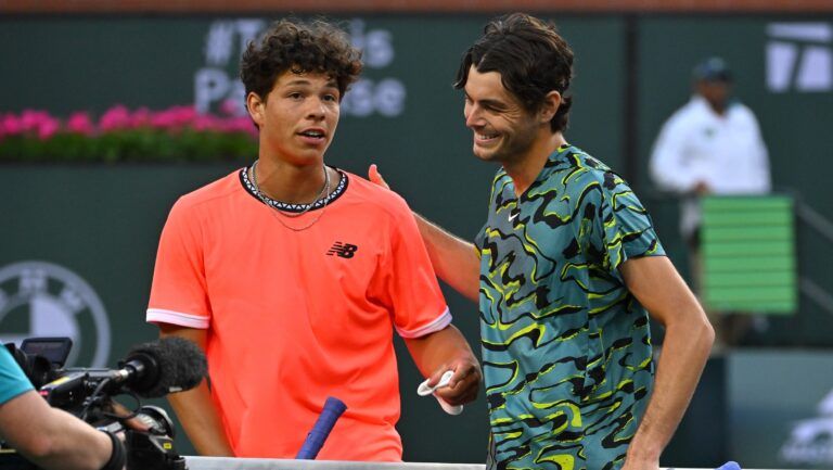 Ben Shelton (USA) congratulates Taylor Fritz (USA) after winning their second round match in the BNP Paribas Open at the Indian Wells Tennis Garden.