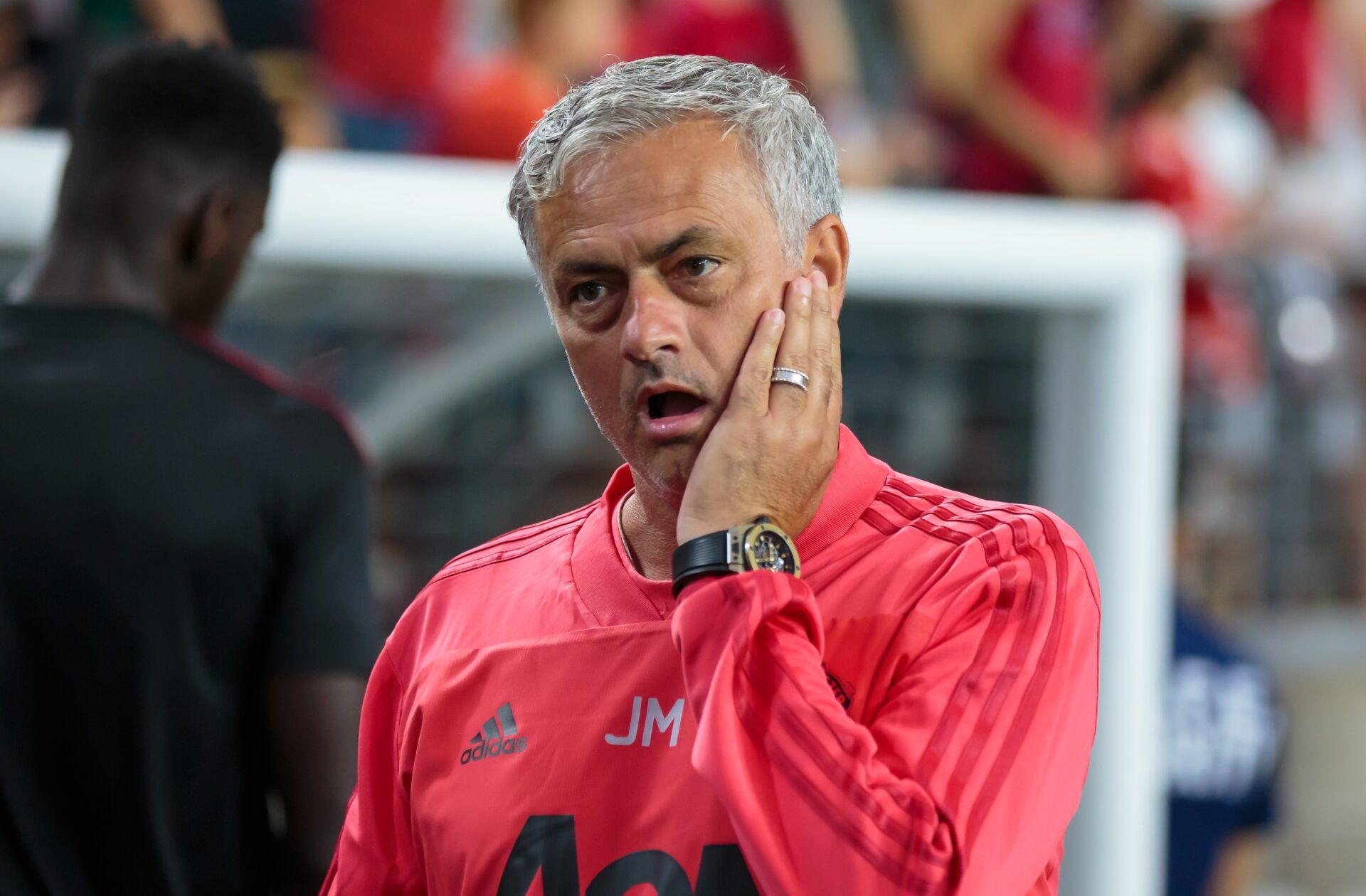 Manchester United manager Jose Mourinho reacts against Club America during an international friendly soccer match at University of Phoenix Stadium.