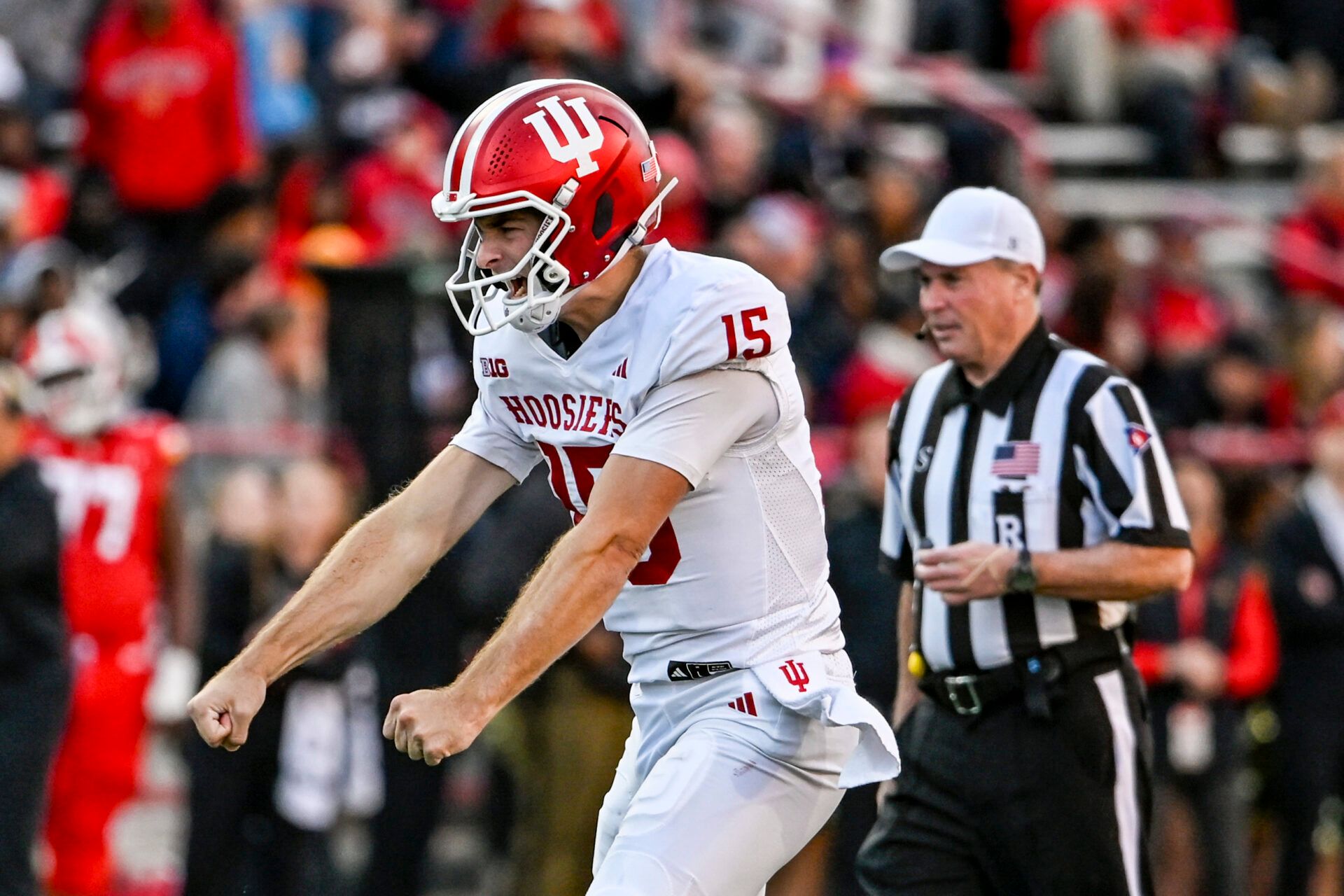 Indiana Hoosiers quarterback Fernando Mendoza (15) celebrates after throwing a touchdown during the second quarter against the Maryland Terrapins at SECU Stadium.