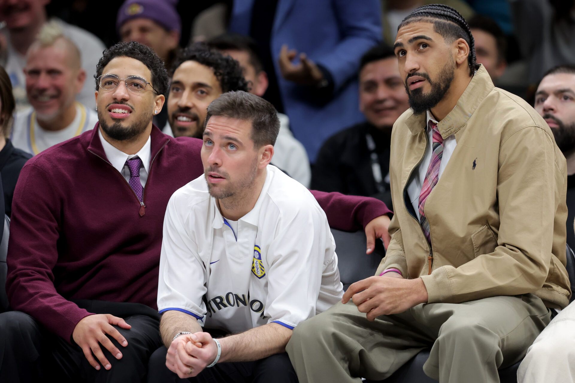 Indiana Pacers guard Tyrese Haliburton (left to right) and guard T.J. McConnell (9) and forward Obi Toppin (1) watch from the bench during the second quarter against the Brooklyn Nets at Barclays Center.