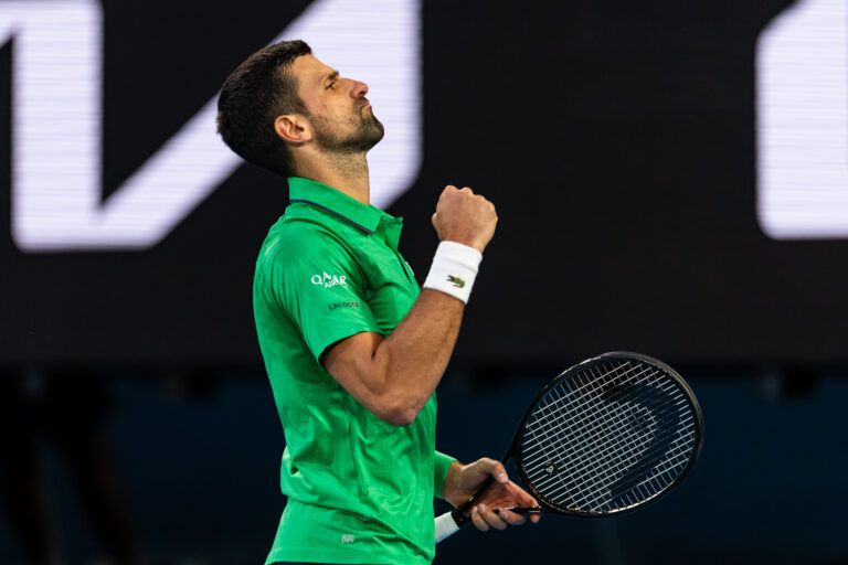 Novak Djokovic of Serbia in action against Carlos Alcaraz of Spain in the final of the mens singles at the Australian Open at Rod Laver Arena in Melbourne Park.