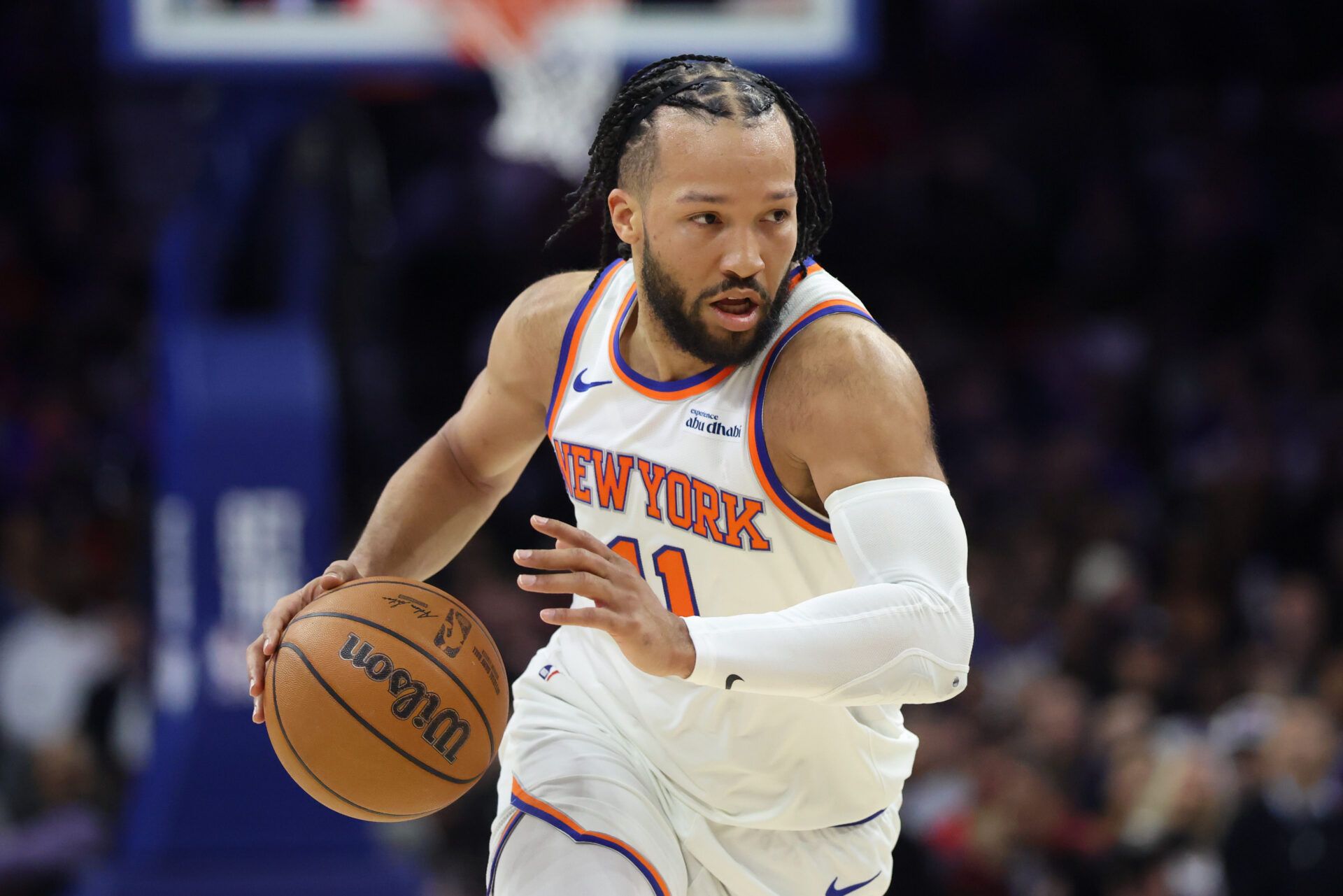 New York Knicks guard Jalen Brunson (11) drives against the Philadelphia 76ers during the first half at Xfinity Mobile Arena.