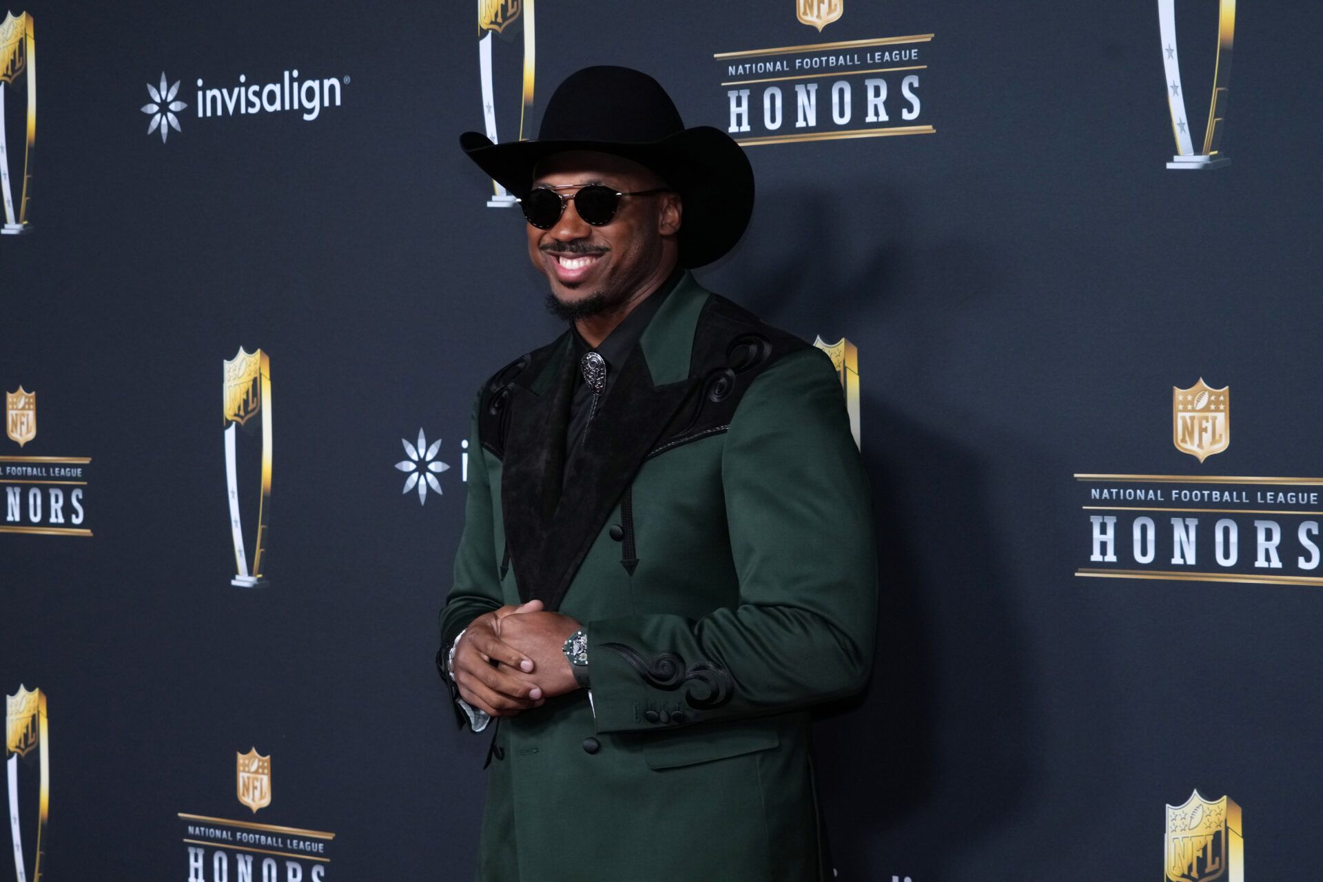 Myles Garrett poses on the NFL Honors Red Carpet before Super Bowl LX at Palace of Fine Arts.