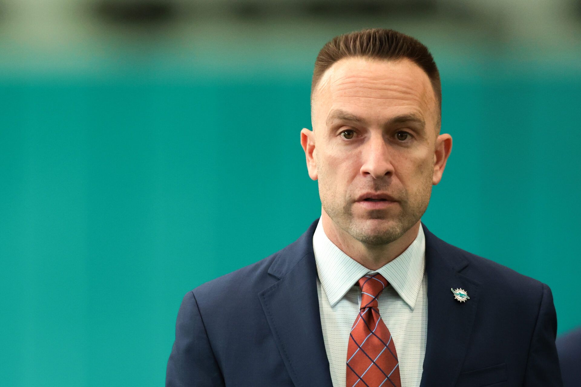 Miami Dolphins head coach Jeff Hafley looks on before his introductory press conference at Baptist Health Training Complex.