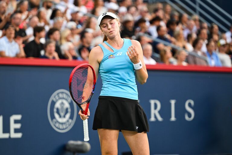 Elena Rybakina (KAZ) reacts after a bad play against Victoria Mboko (CAN) in semifinal play at IGA Stadium.