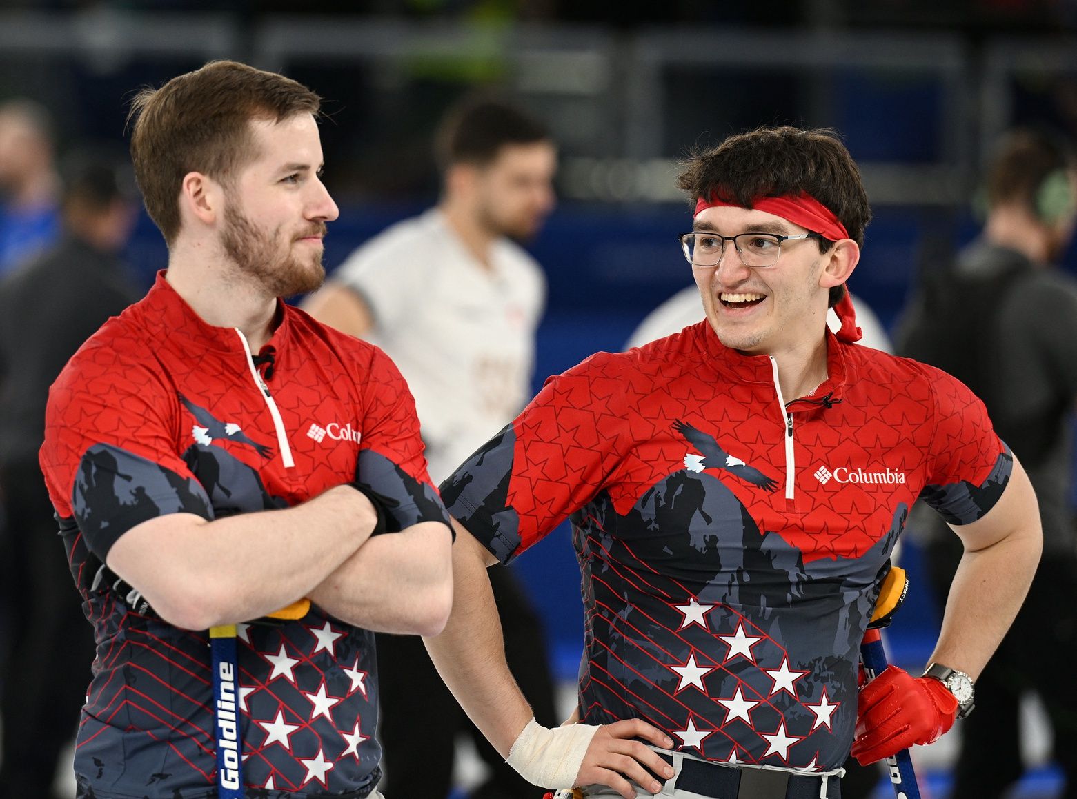 [US, Mexico & Canada customers only] Feb 18, 2026; Cortina d'Ampezzo, Italy; Ben Richardson of United States and Aidan Oldenburg of United States react during a men's curing round robin game during the Milano Cortina 2026 Olympic Winter Games at Cortina Curling Olympic Stadium.