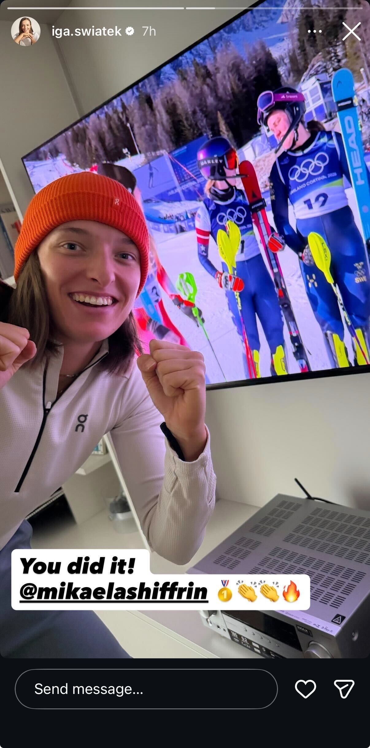 Iga Świątek's Instagram story celebrating Shiffrin's historic feat