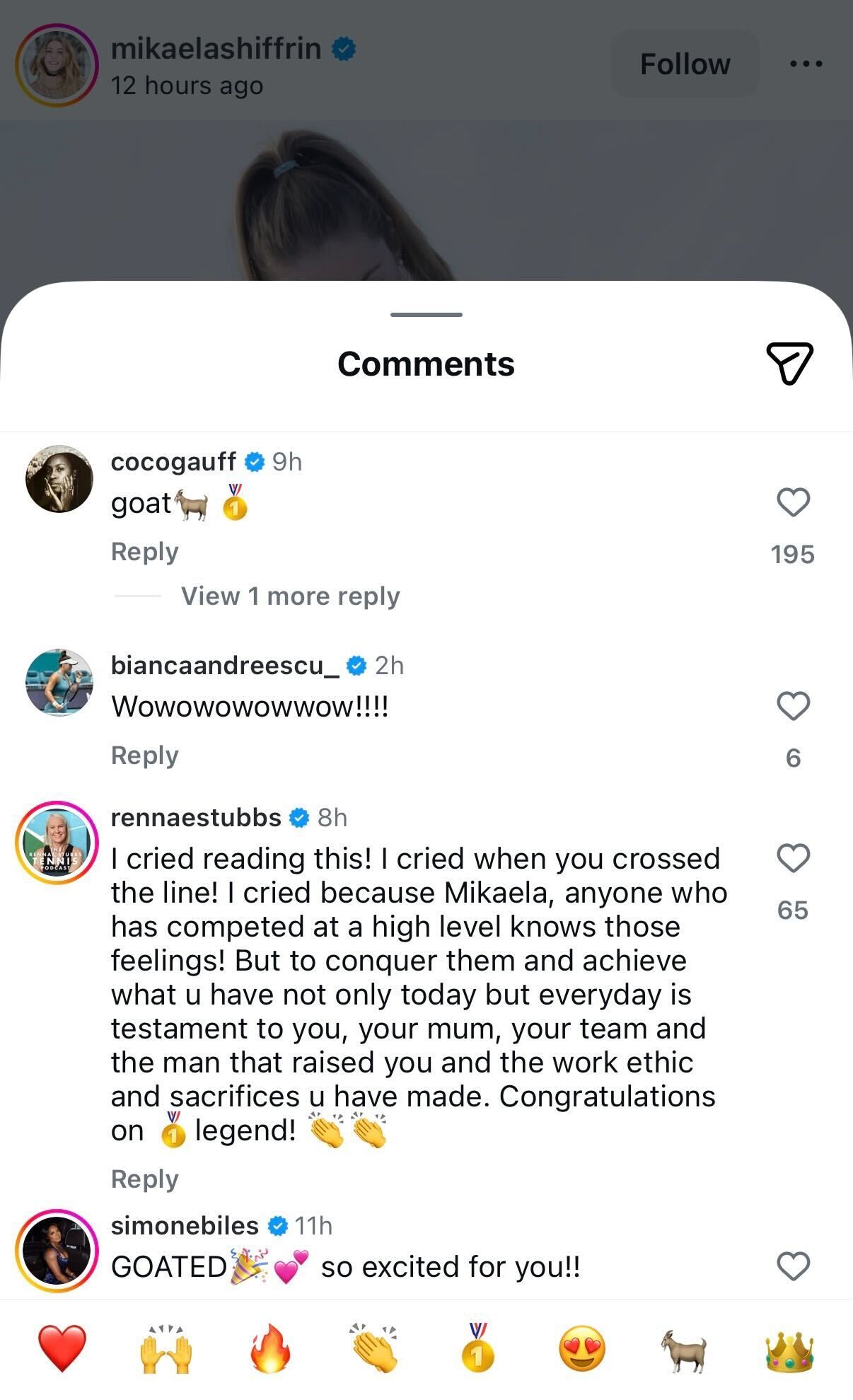 Coco Gauff, Bianca Andreescu, and Rennae Stubbs' comments on Mikaela Shiffrin's Instagram post