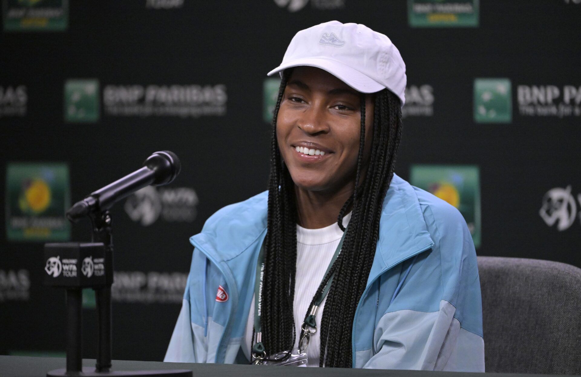Coco Gauff (USA) speaks during a news conference at the BNP Paribas Open at the Indian Well Tennis Garden.