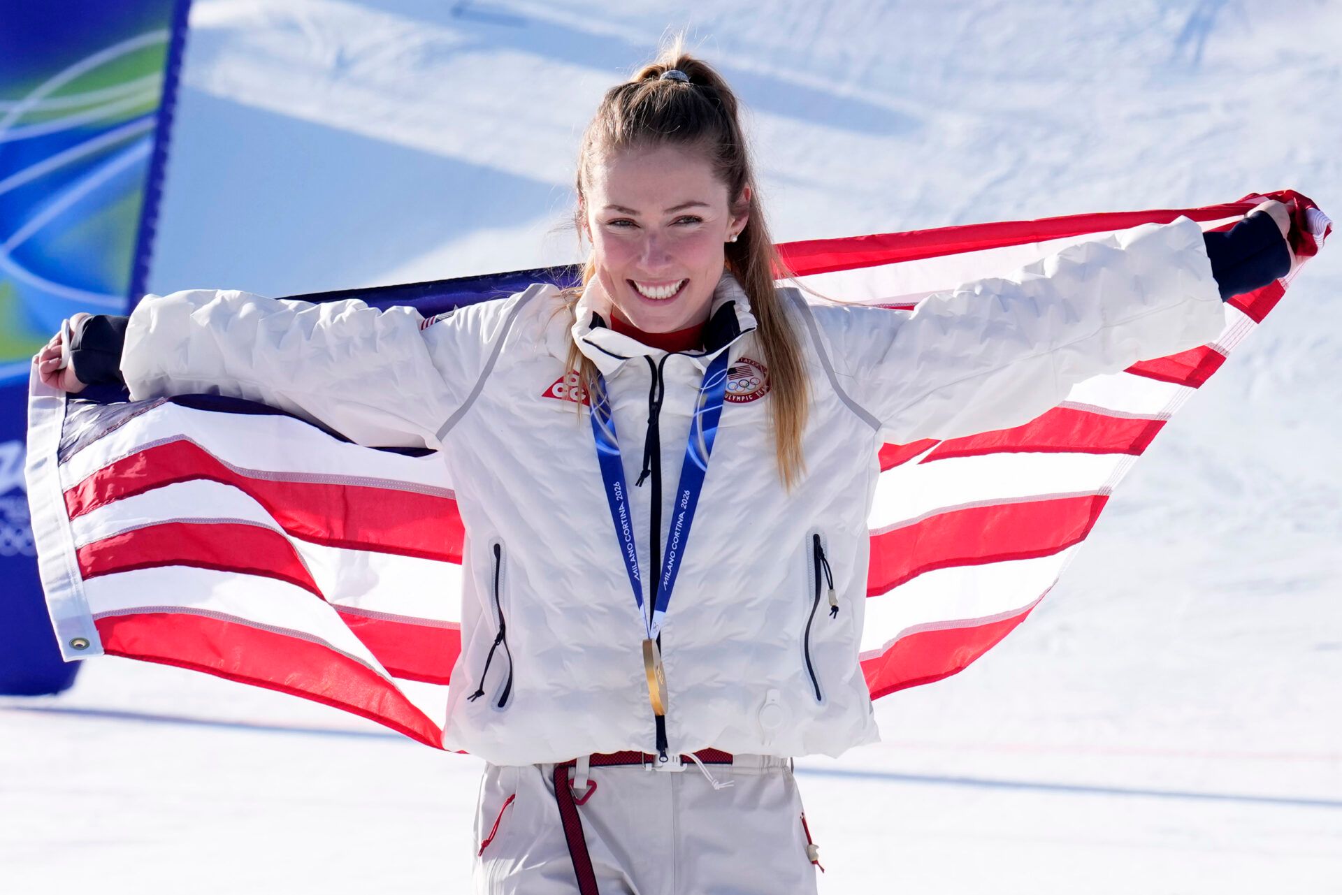 Gold medalist Mikaela Shiffrin of the United States celebrates during the medal ceremony for the women's slalom during the Milano Cortina 2026 Olympic Winter Games at Tofane Alpine Skiing Centre.