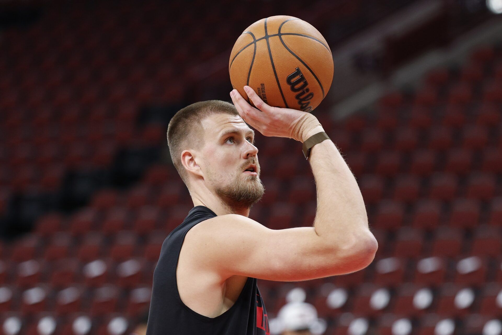 Atlanta Hawks center Kristaps Porzingis (8) warms up before an NBA game against the Chicago Bulls at United Center.