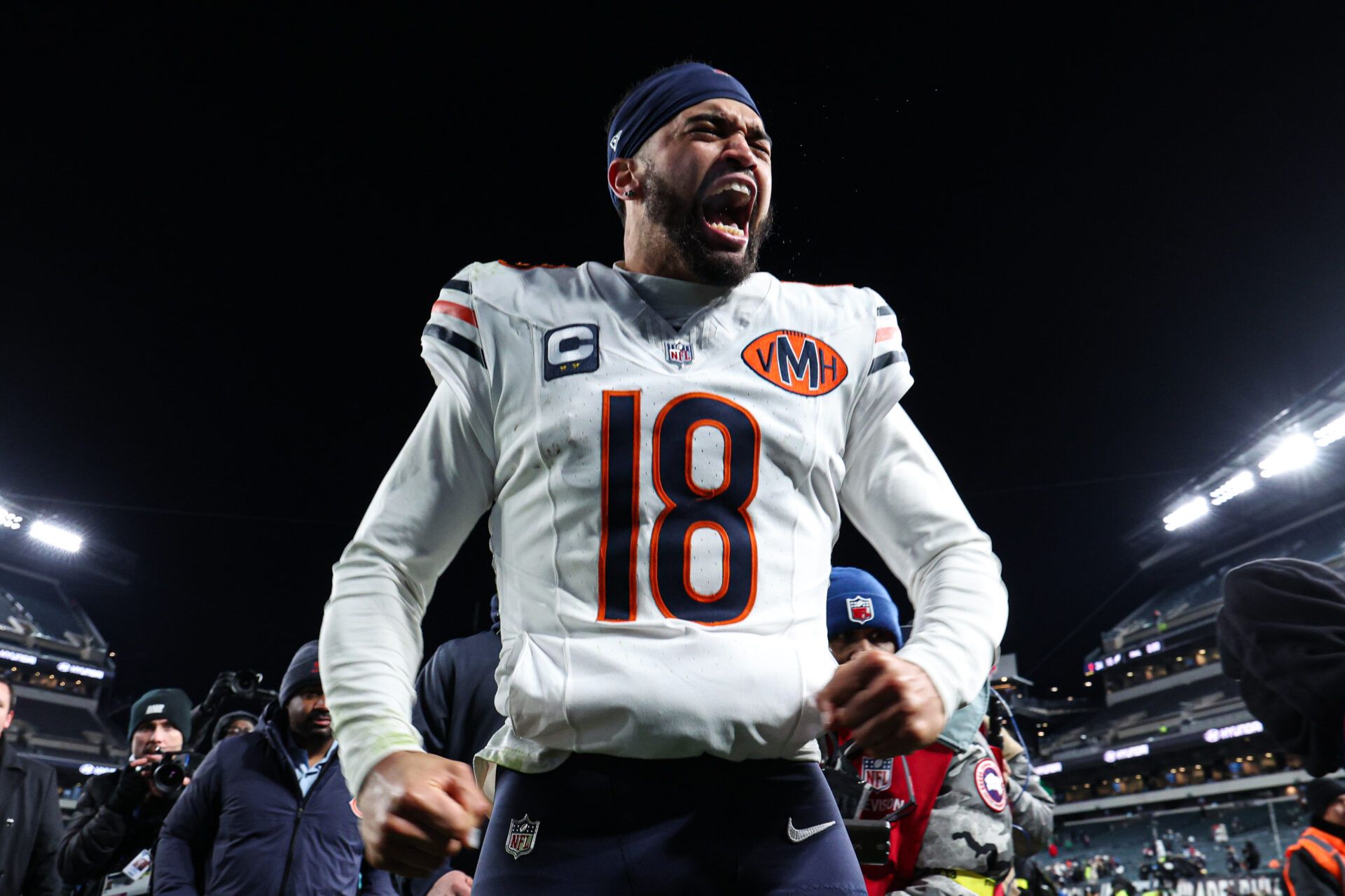 Chicago Bears quarterback Caleb Williams (18) reacts to a win against the Philadelphia Eagles at Lincoln Financial Field.