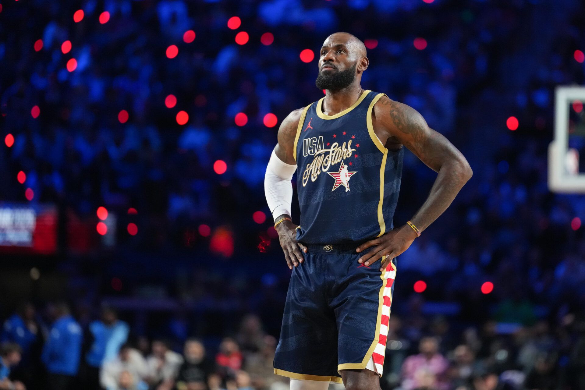 Team USA Stripes forward LeBron James (23) of the Los Angeles Lakers looks on in game two against Team Starsduring the 75th NBA All Star Game at Intuit Dome.