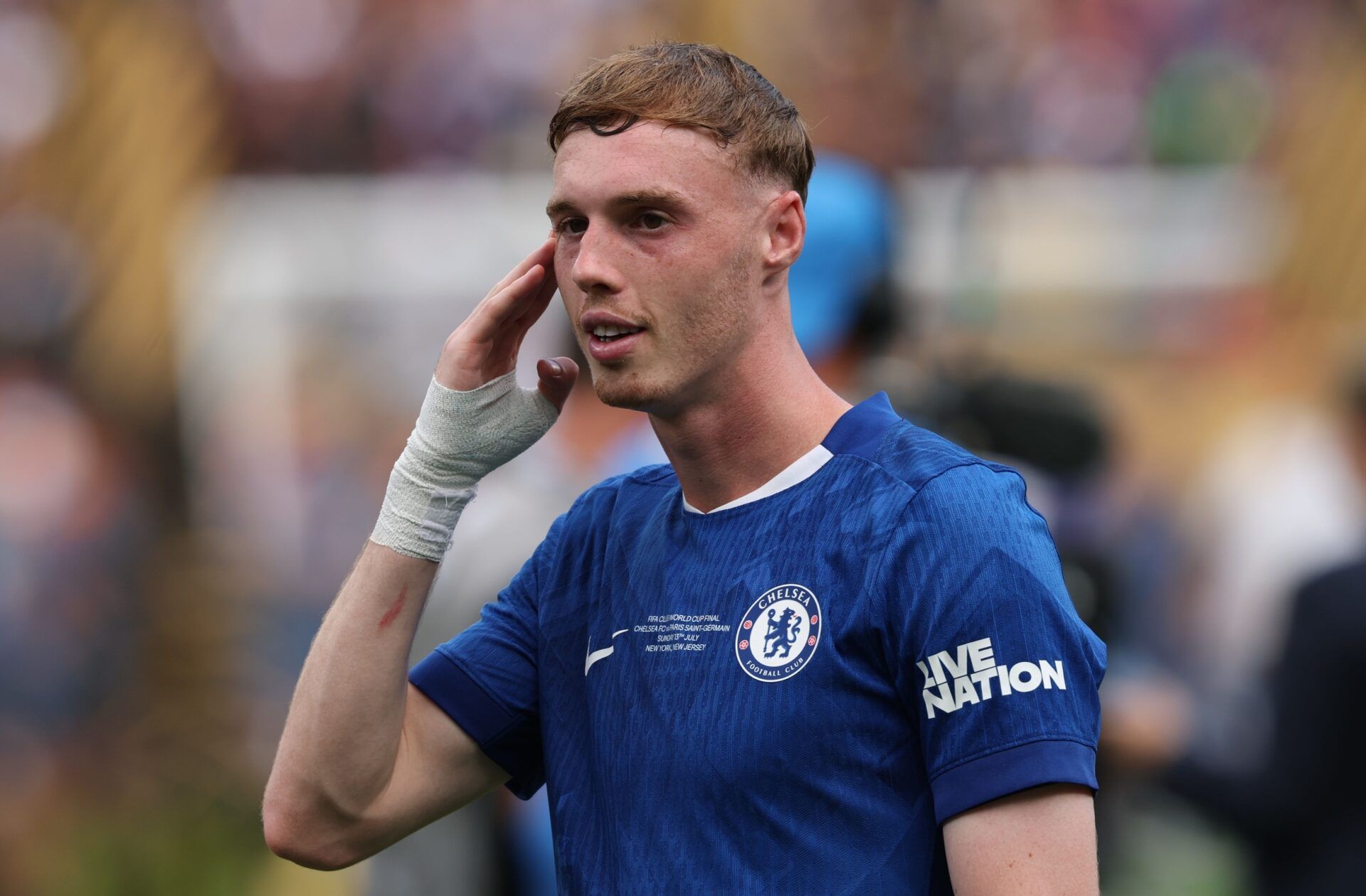 Chelsea FC midfielder Cole Palmer (10) reacts during the final of the 2025 FIFA Club World Cup at MetLife Stadium.