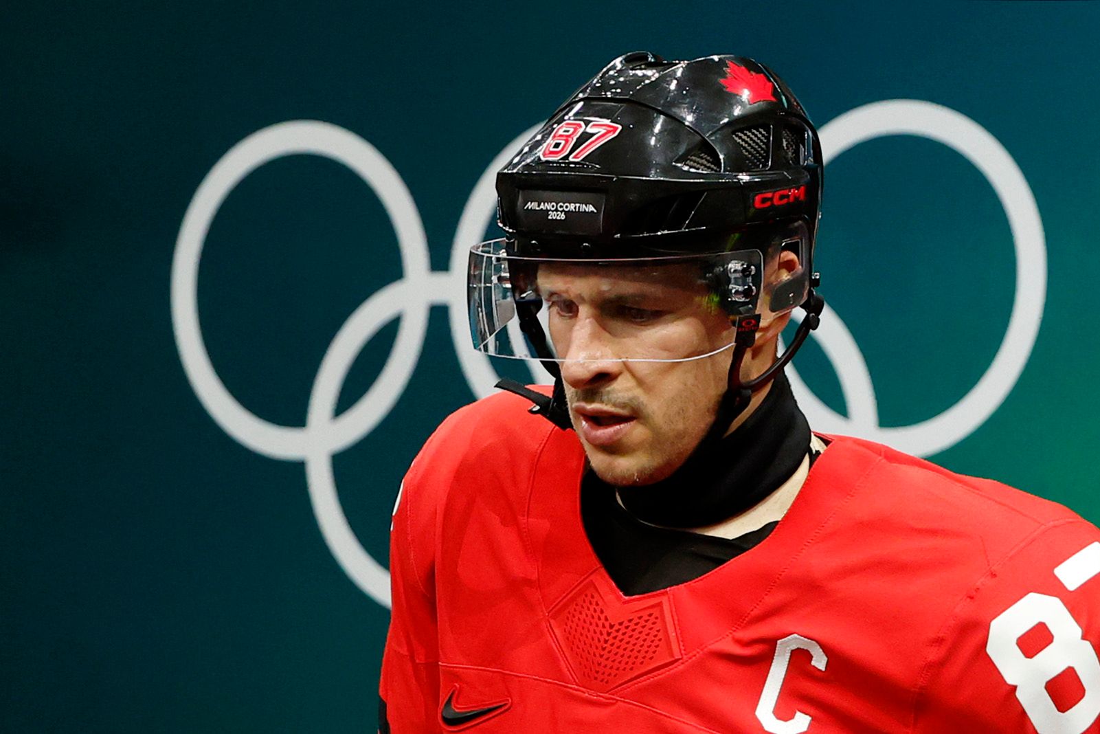 Sidney Crosby of Canada walks out to the ice before a men's ice hockey quarterfinal during the Milano Cortina 2026 Olympic Winter Games at Milano Santagiulia Ice Hockey Arena.