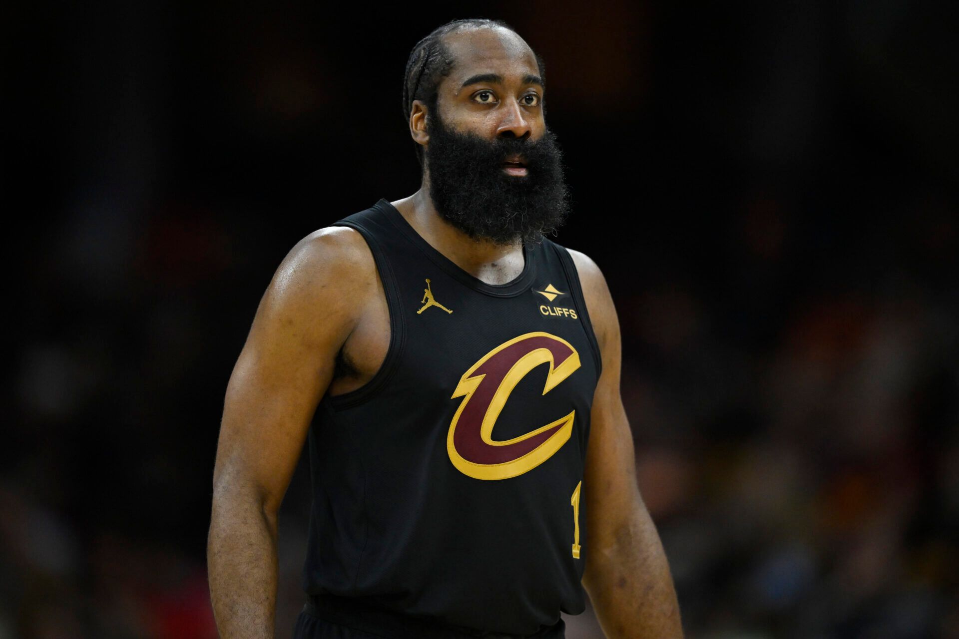 Cleveland Cavaliers guard James Harden (1) stands on the court in the third quarter against the Washington Wizards at Rocket Arena.
