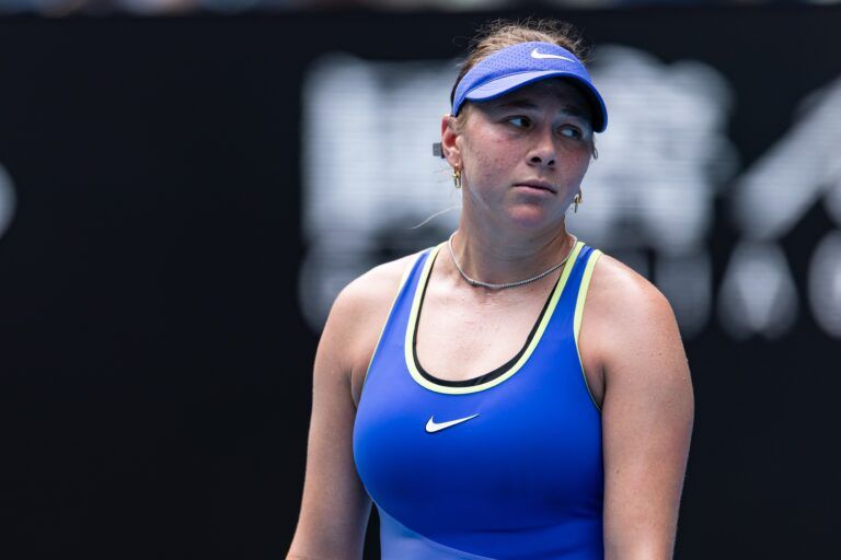 Amanda Anisimova of United States in action against Jessica Pegula of United States in the quarterfinals of the women’s singles at the Australian Open at Rod Laver Arena in Melbourne Park.