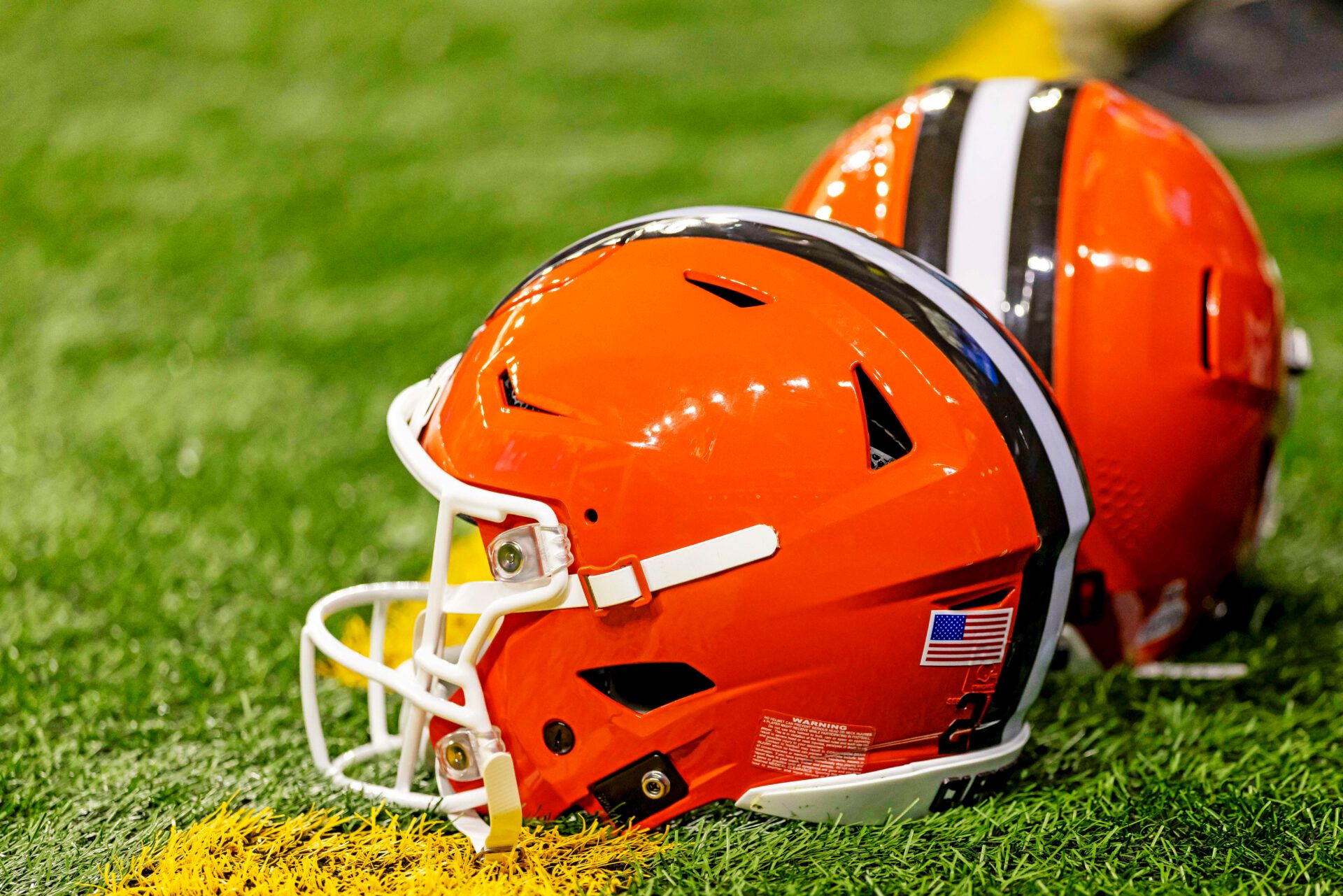 A general view of the Cleveland Browns helmets on the field before the game against the Detroit Lions at Ford Field.