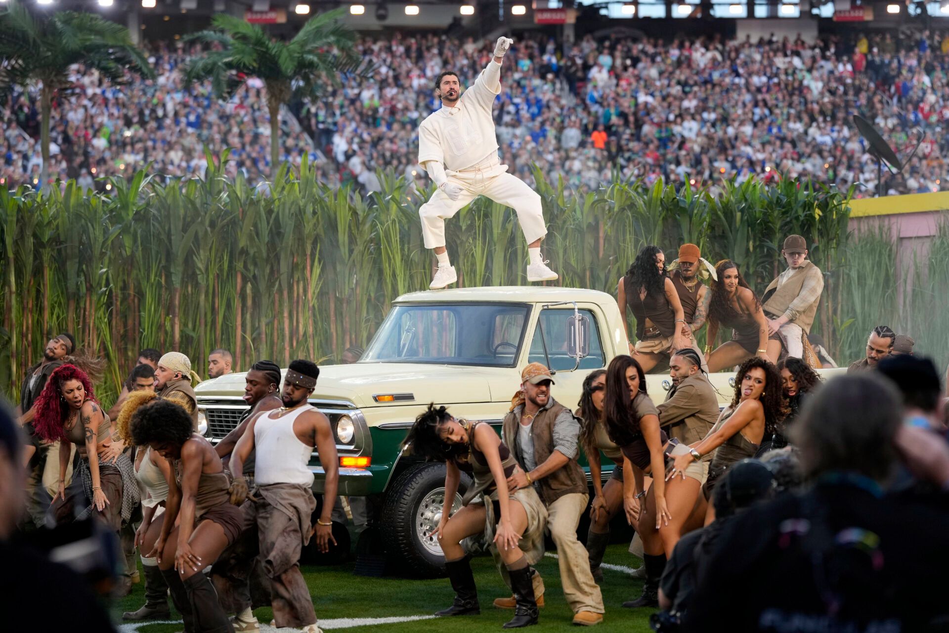 Bad Bunny performs during the halftime show in Super Bowl LX between the Seattle Seahawks and the New England Patriots at Levi's Stadium.
