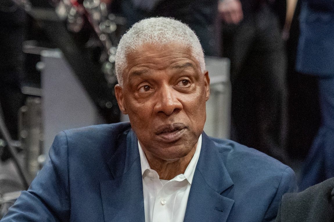 NBA great Julius Erving during the 3-Point Contest during the 2022 NBA All-Star Saturday Night at Rocket Mortgage Field House.